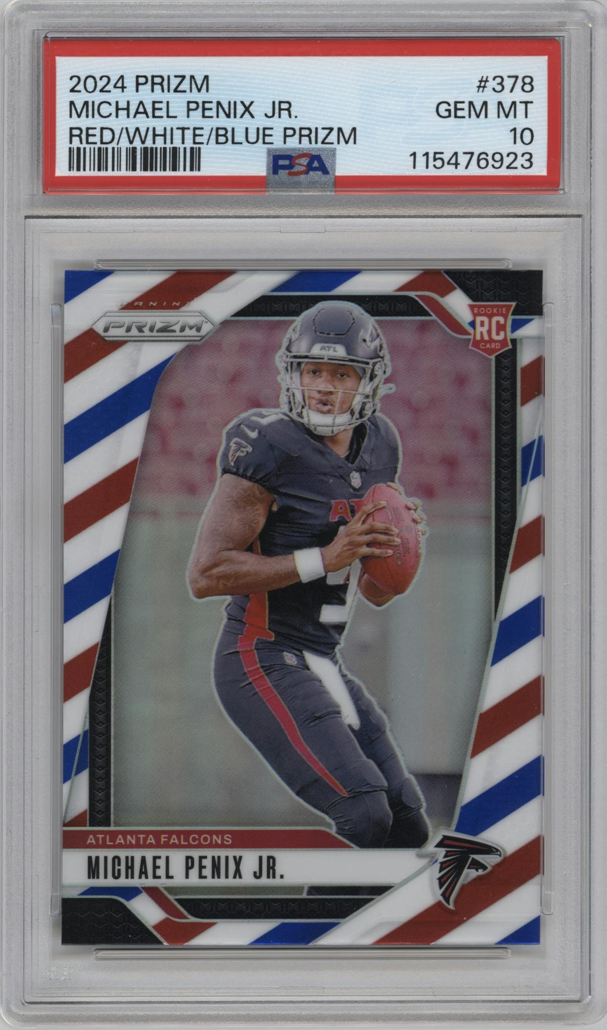 Michael Penix Jr. from the 2024 Panini Prizm set featuring a Red White Blue Prizm parallel graded by PSA and given an overall grade of 10.