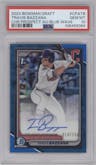 Travis Bazzana from the 2024 Bowman Draft set featuring a Blue Wave Refractor parallel graded by PSA and given an overall grade of 10.