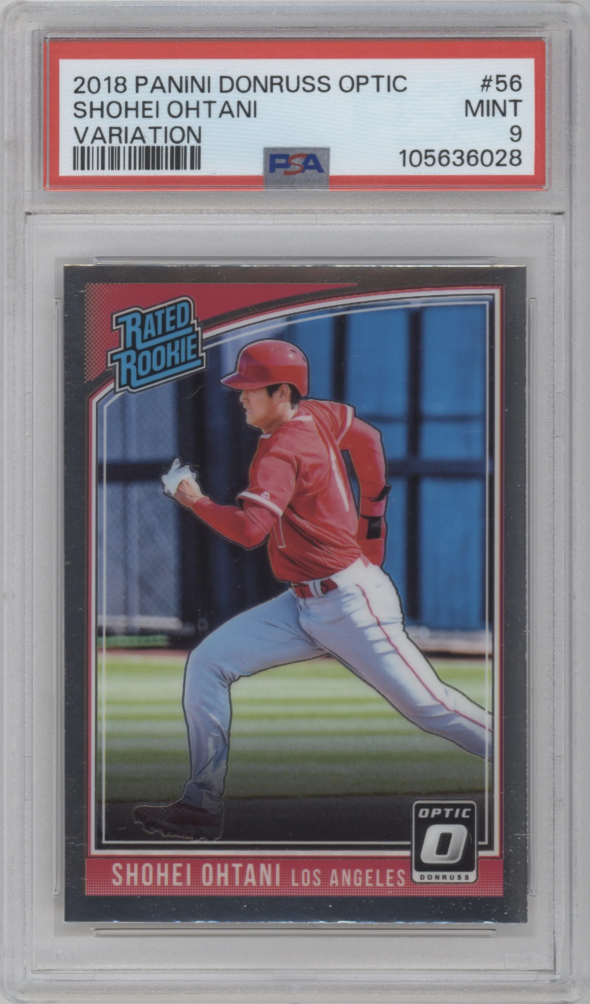 Shohei Ohtani from the 2018 Panini Donruss Optic set graded by PSA and given an overall grade of 9.