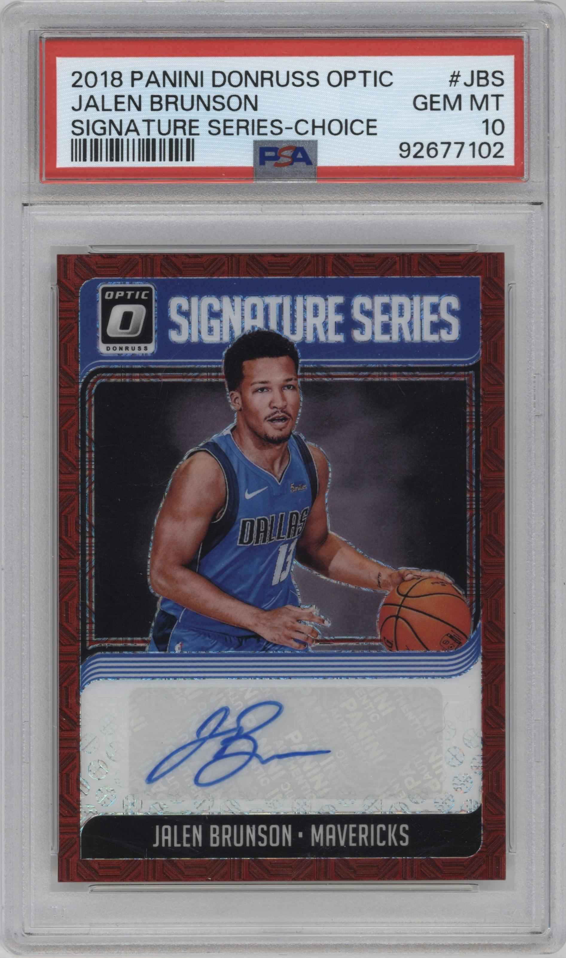 Jalen Brunson from the 2018-19 Panini Donruss Optic set featuring a Choice parallel graded by PSA and given an overall grade of 10.