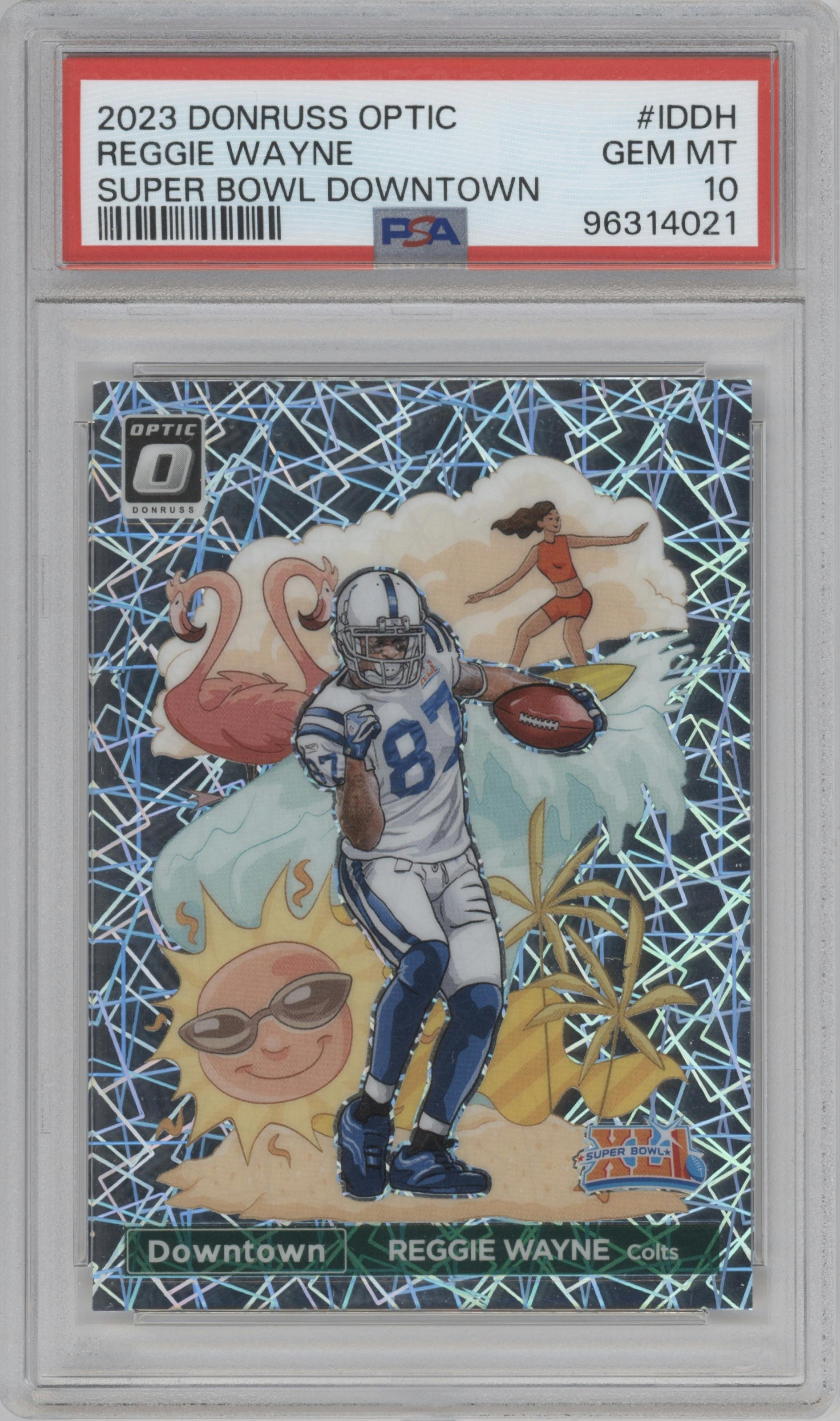 Reggie Wayne from the 2023 Donruss Optic set graded by PSA and given an overall grade of 10.