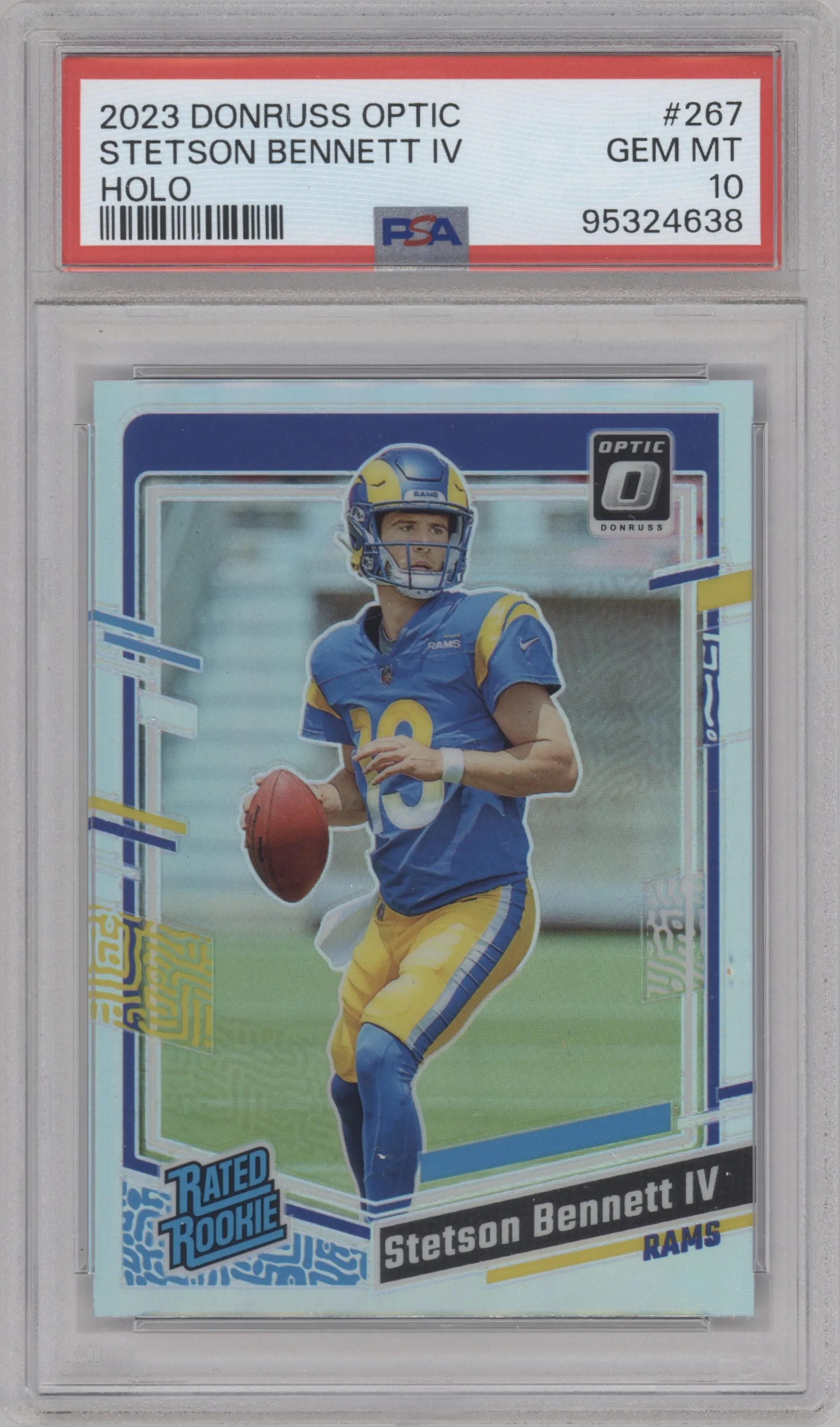 Stetson Bennett IV from the 2023 Donruss Optic set featuring a Holo parallel graded by PSA and given an overall grade of 10.