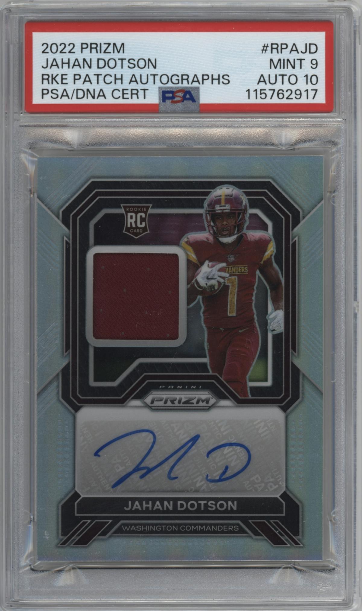 Jahan Dotson from the 2022 Panini Prizm set graded by PSA and given an overall grade of 9.