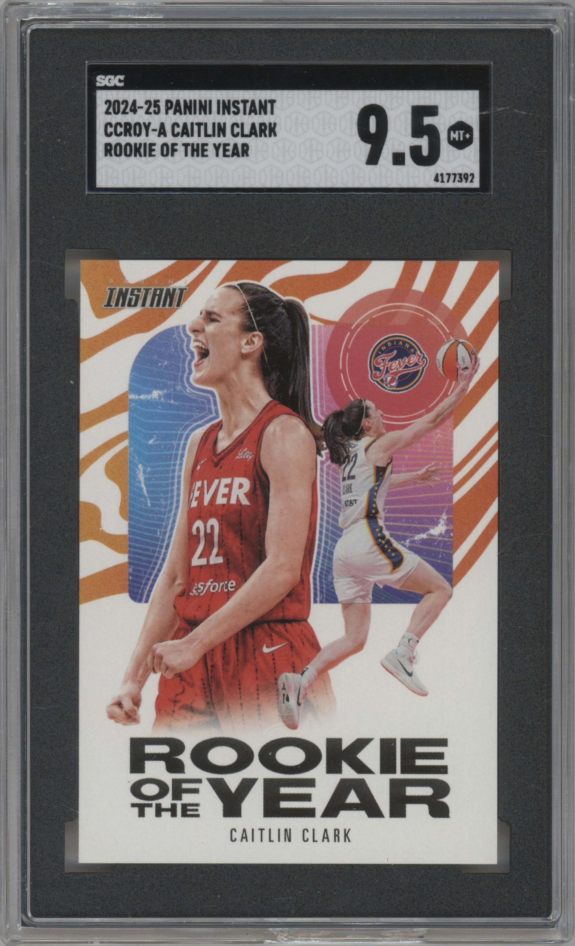 Caitlin Clark from the 2024-25 Panini Instant WNBA set graded by SGC and given an overall grade of 9.5.
