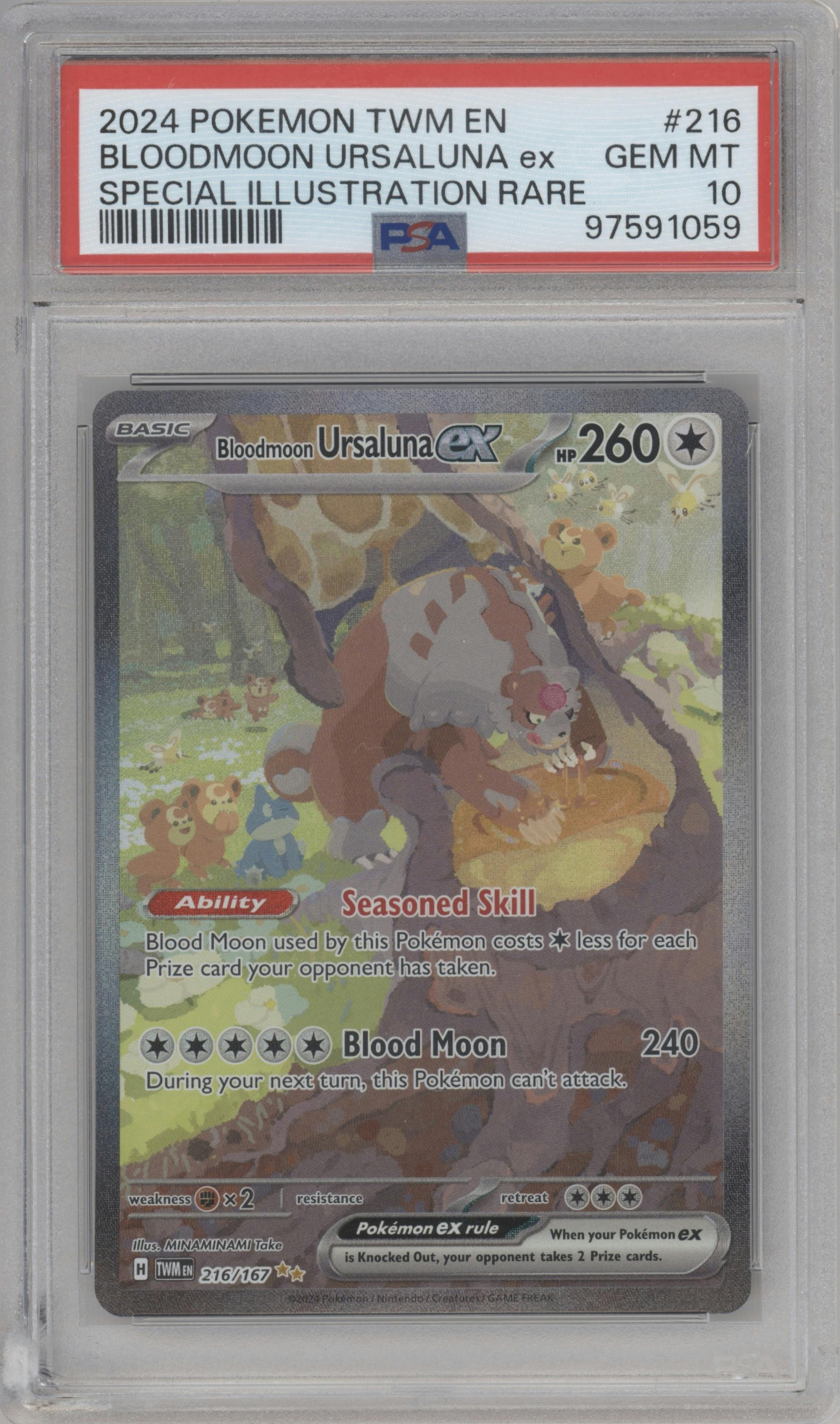 Bloodmoon Ursaluna ex from the 2024 Pokemon SV set graded by PSA and given an overall grade of 10.
