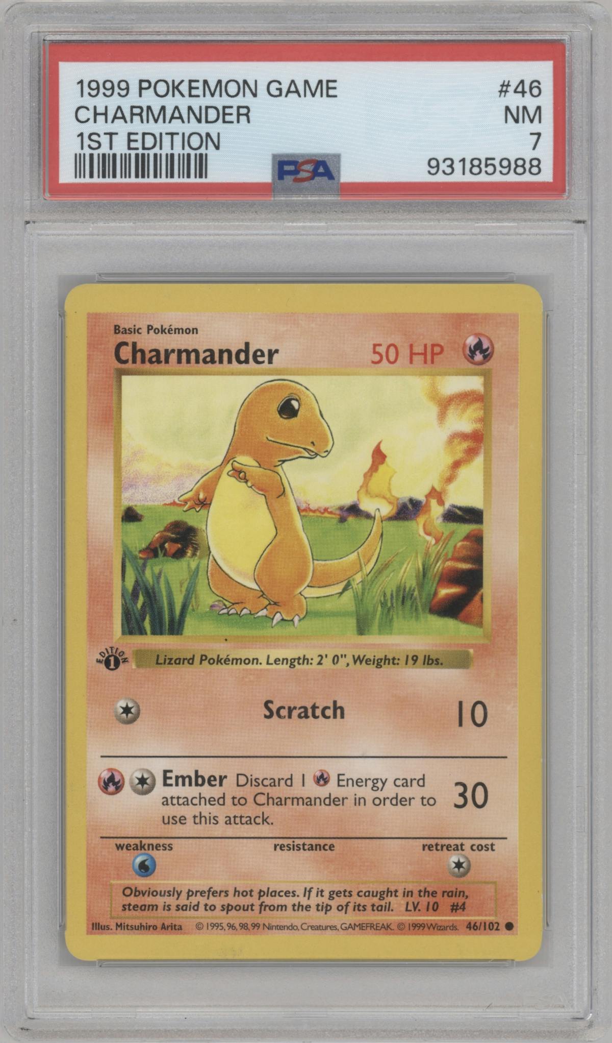 Charmander from the 1999 Pokemon set graded by PSA and given an overall grade of 7.