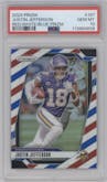 Justin Jefferson  from the 2024 Panini Prizm set featuring a Red White Blue Prizm parallel graded by PSA and given an overall grade of 10.