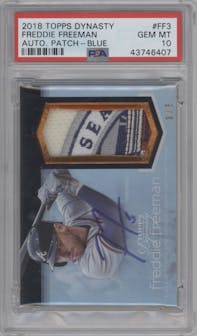 Freddie Freeman from the 2018 Topps Dynasty set featuring a Blue parallel graded by PSA and given an overall grade of 10.