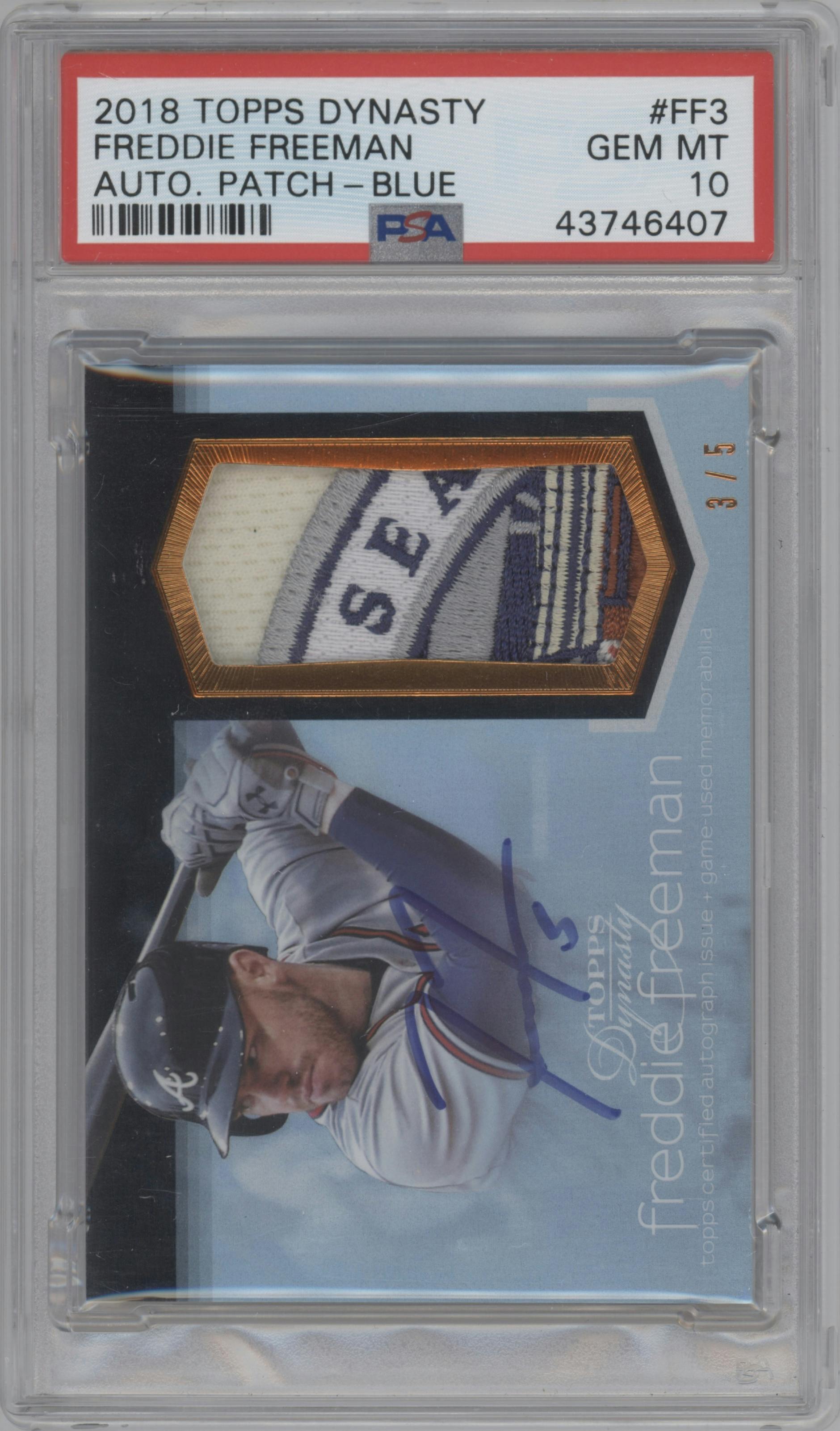 Freddie Freeman from the 2018 Topps Dynasty set featuring a Blue parallel graded by PSA and given an overall grade of 10.