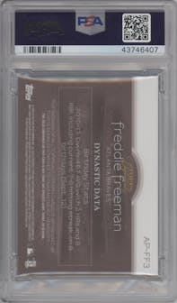 Freddie Freeman from the 2018 Topps Dynasty set featuring a Blue parallel graded by PSA and given an overall grade of 10.