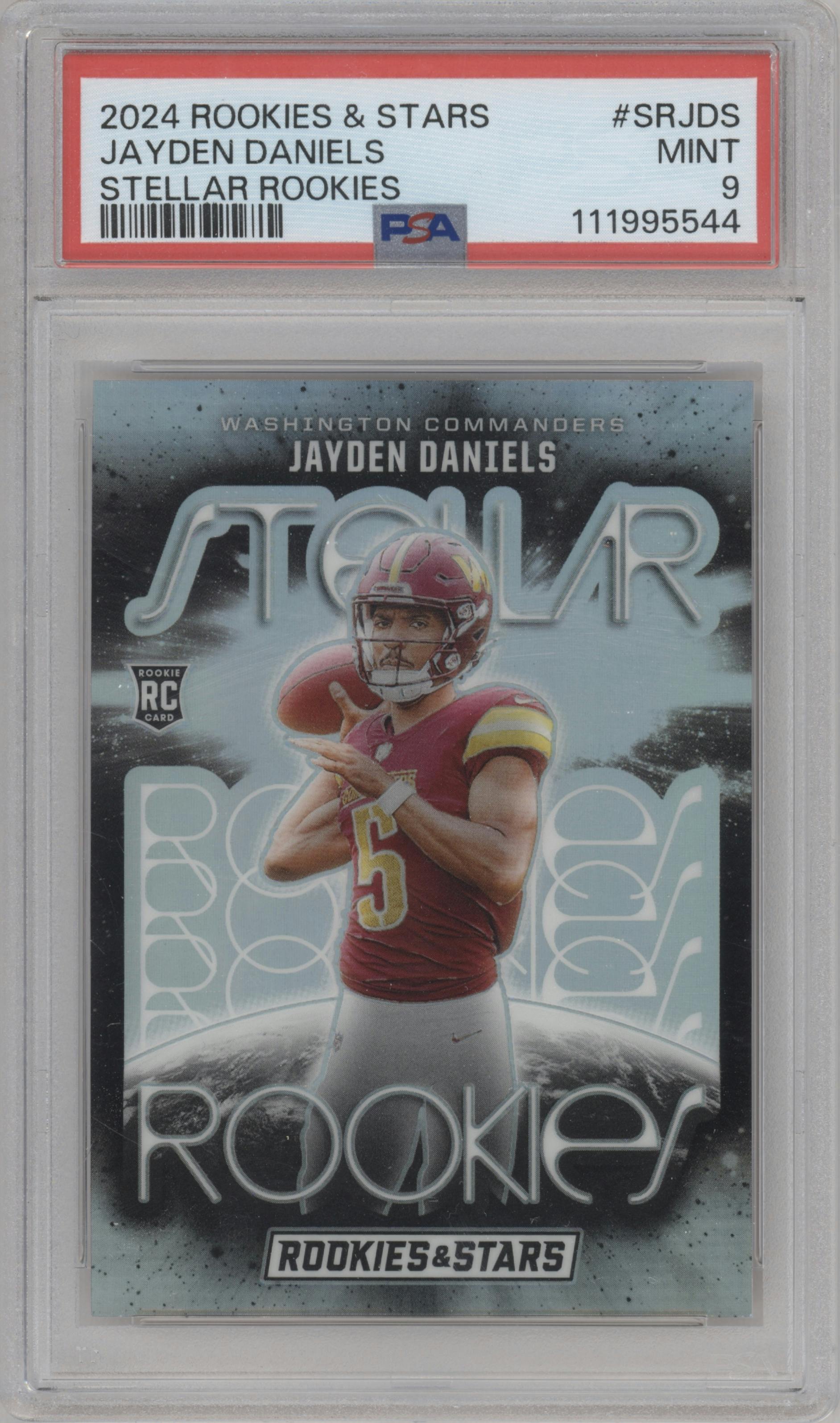 Jayden Daniels from the 2024 Panini Rookies & Stars set graded by PSA and given an overall grade of 9.