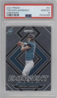 Trevor Lawrence from the 2021 Panini Prizm set graded by PSA and given an overall grade of 10.