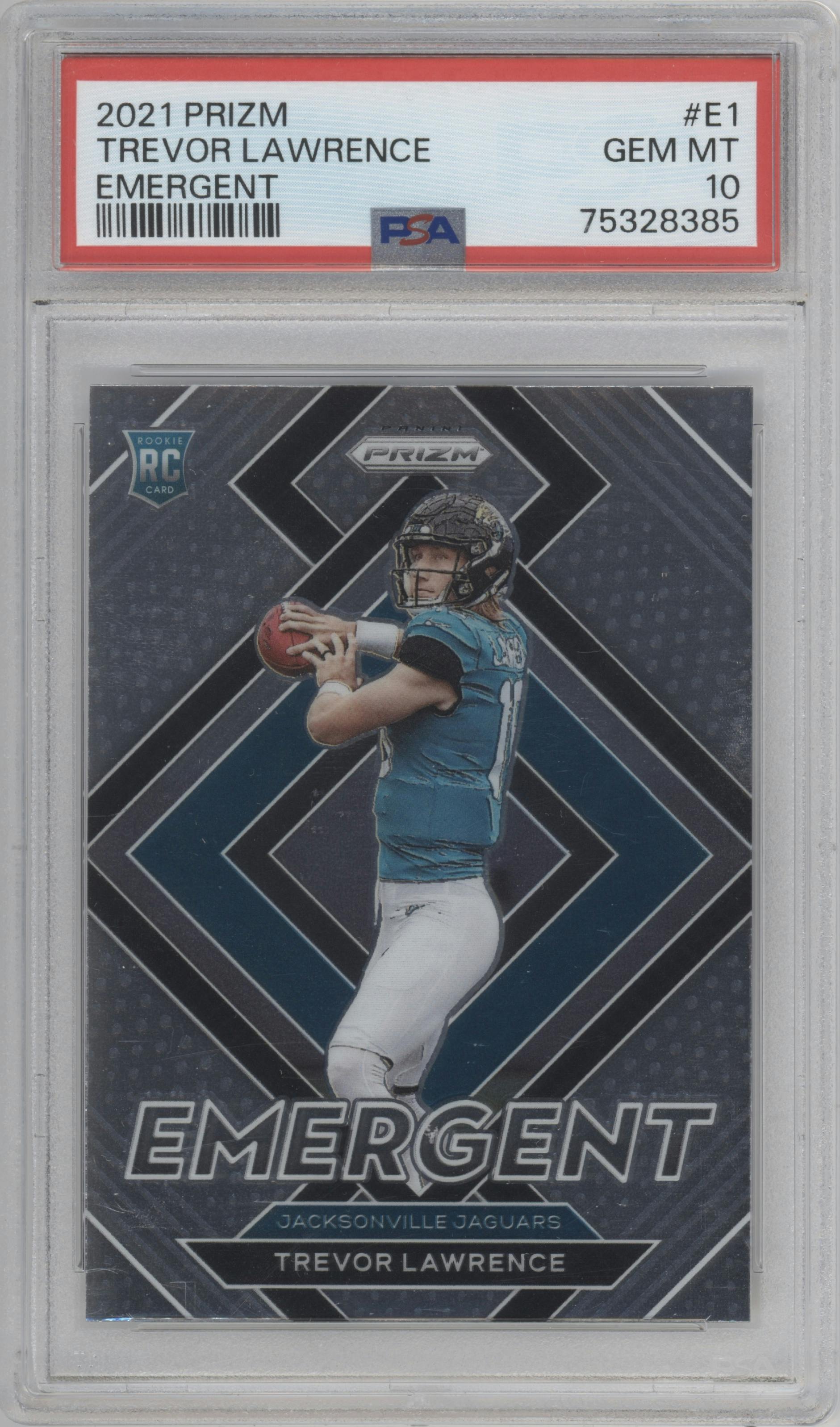 Trevor Lawrence from the 2021 Panini Prizm set graded by PSA and given an overall grade of 10.