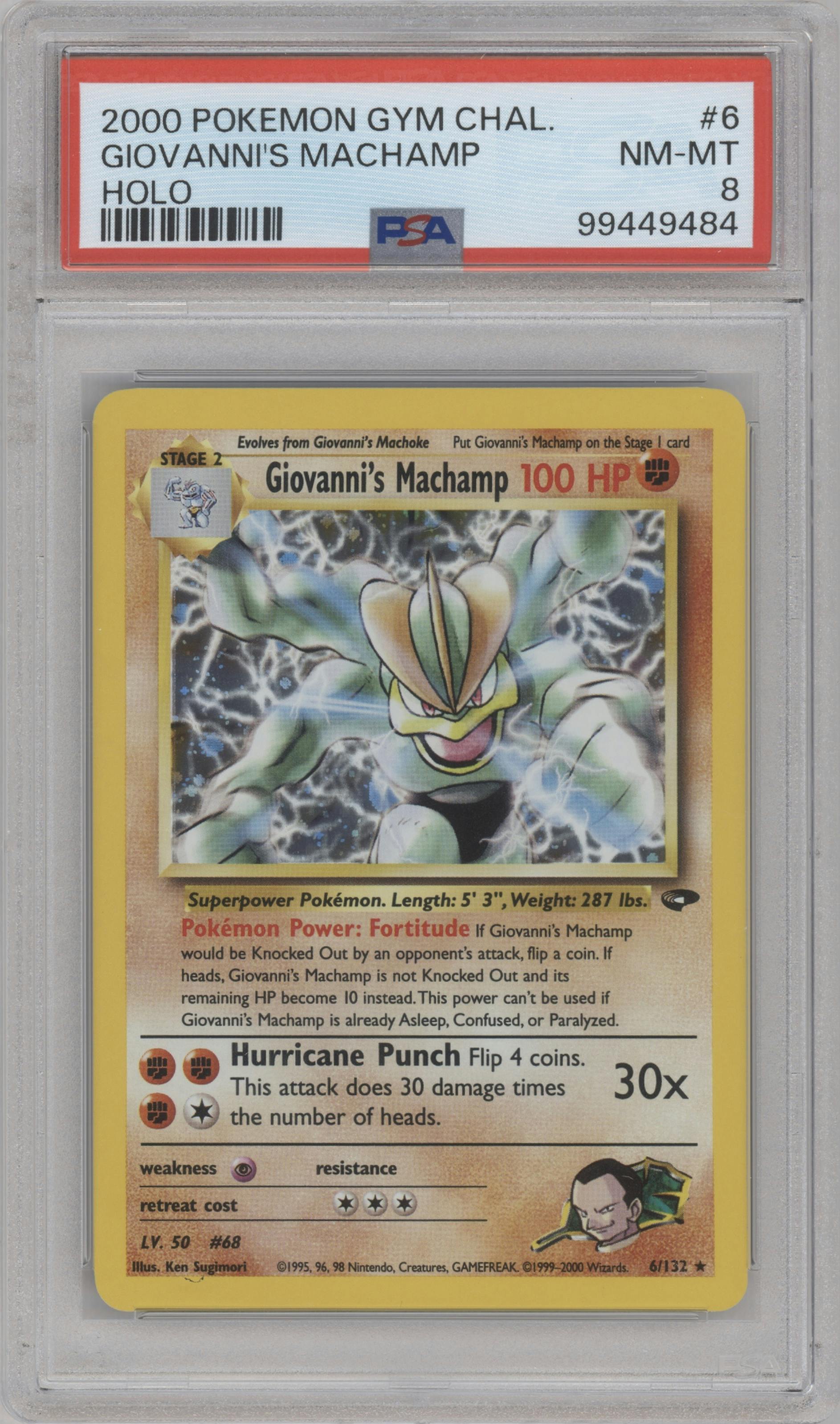 Giovanni's Machamp from the 2000 Pokemon GH set graded by PSA and given an overall grade of 8.