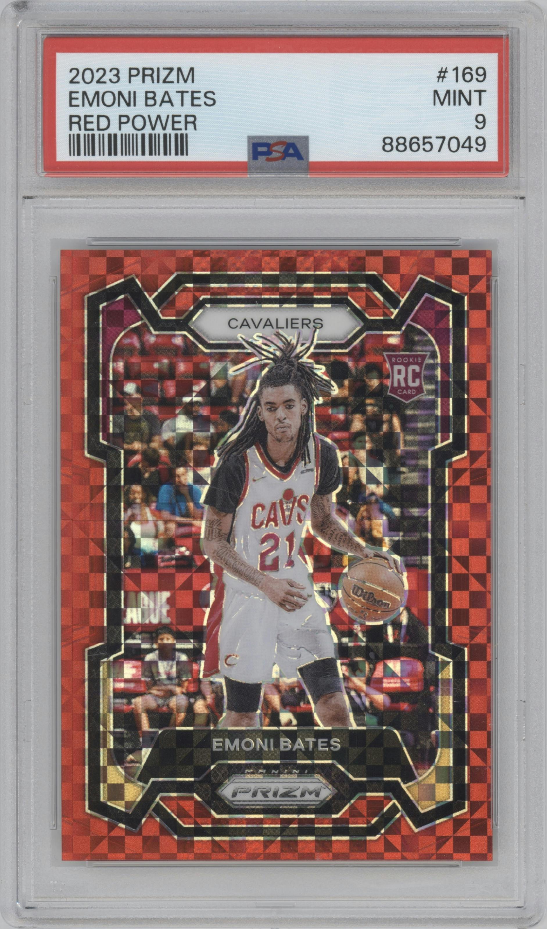 Emoni Bates from the 2023-24 Panini Prizm set featuring a  Red Power Prizm parallel graded by PSA and given an overall grade of 9.