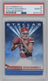 Patrick Mahomes II from the 2017 Panini Rookies & Stars set graded by PSA and given an overall grade of 10.