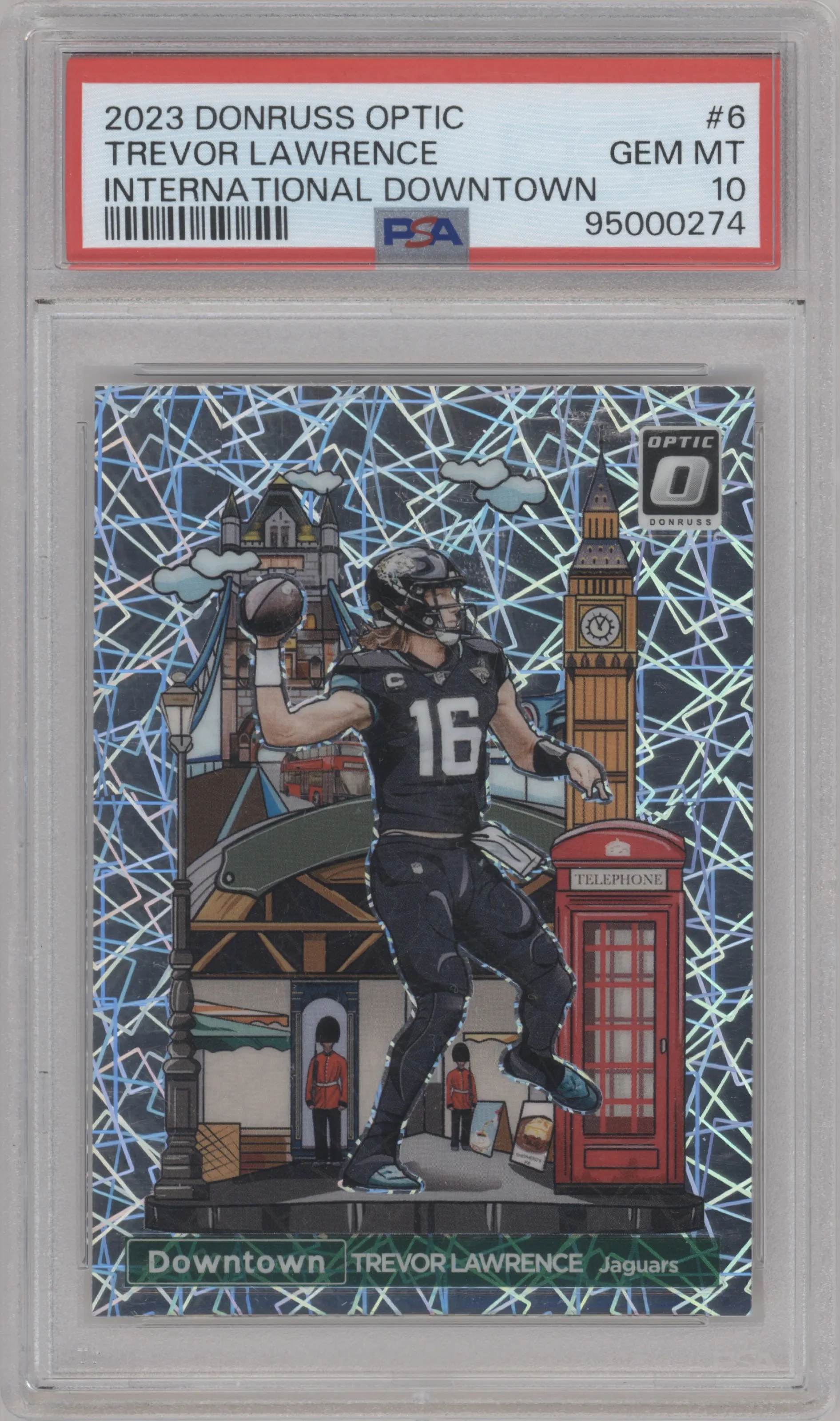 Trevor Lawrence from the 2023 Donruss Optic set graded by PSA and given an overall grade of 10.