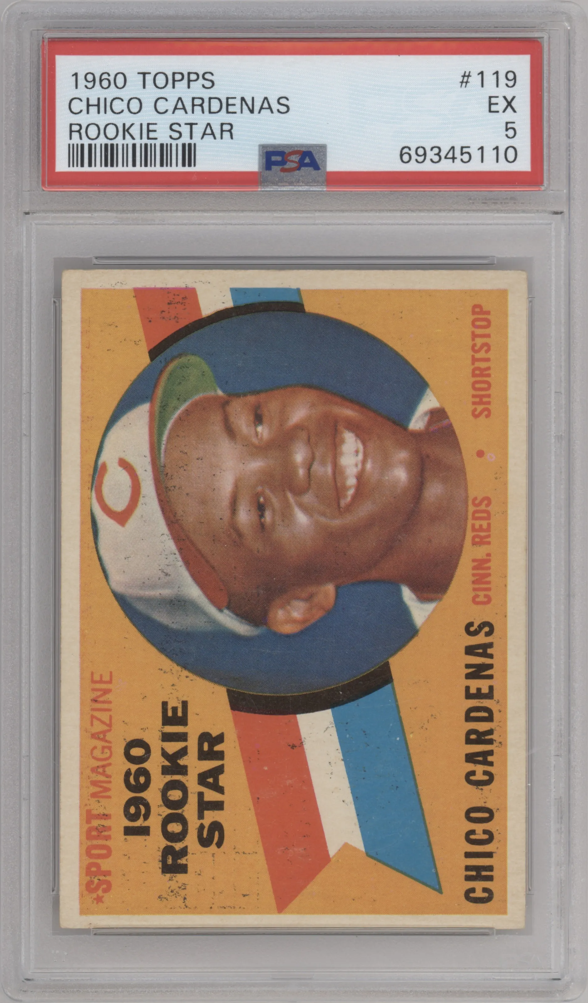 Chico Cardenas from the 1960 Topps set graded by PSA and given an overall grade of 5.