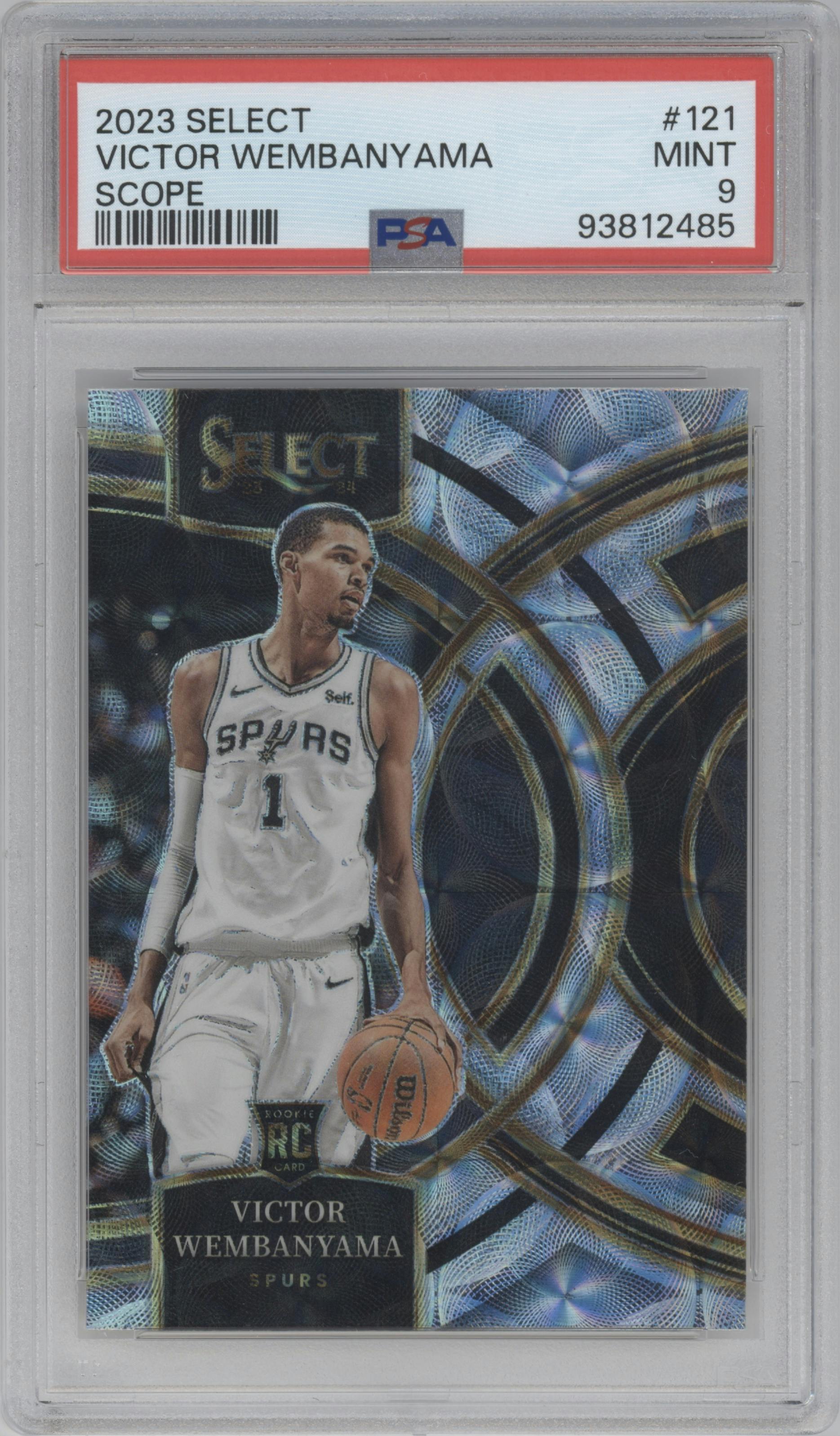 Victor Wembanyama from the 2023-24 Panini Select  set featuring a Scope parallel graded by PSA and given an overall grade of 9.