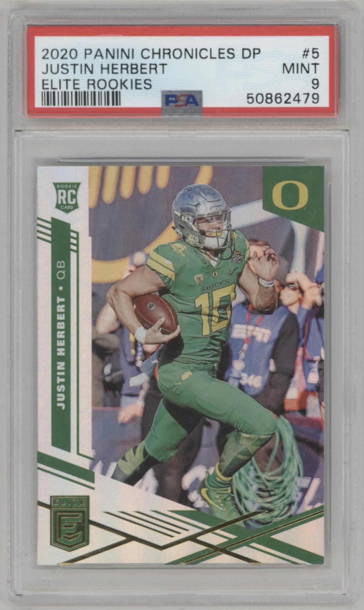 Justin Herbert from the 2020 Panini Chronicles Draft Picks  set graded by PSA and given an overall grade of 9.