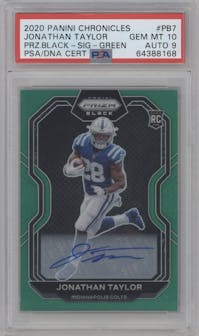 Jonathan Taylor from the 2020 Panini Chronicles set featuring a Green parallel graded by PSA and given an overall grade of 10.