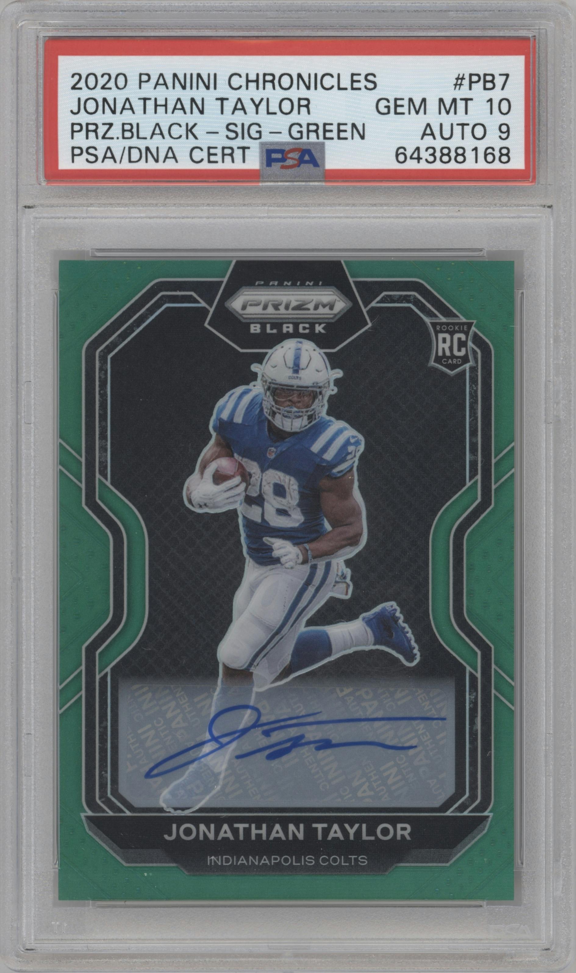 Jonathan Taylor from the 2020 Panini Chronicles set featuring a Green parallel graded by PSA and given an overall grade of 10.