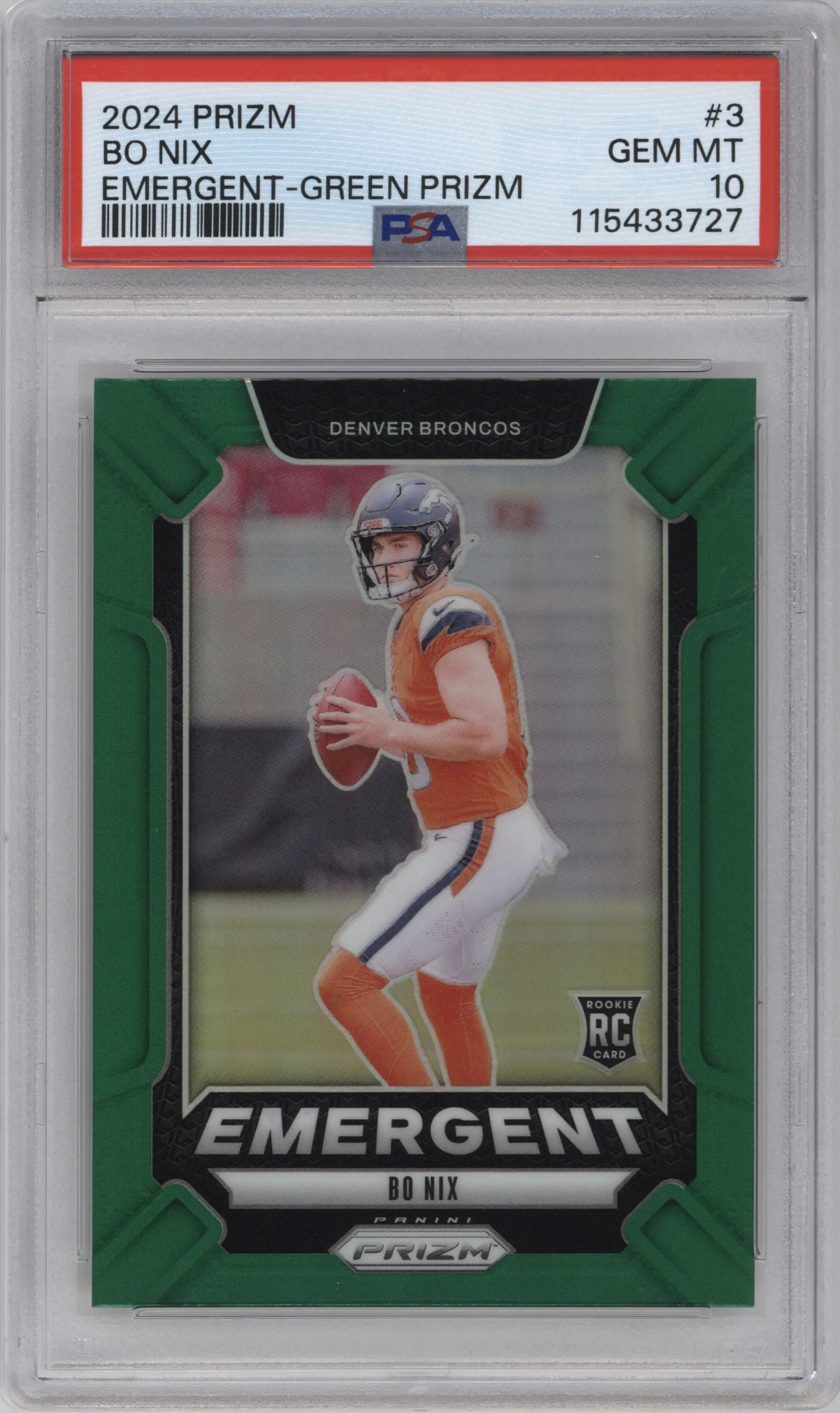 Bo Nix from the 2024 Panini Prizm set featuring a Green Prizm parallel graded by PSA and given an overall grade of 10.