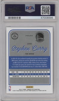Stephen Curry from the 2016-17 Panini Donruss Optic set featuring a Holo parallel graded by PSA and given an overall grade of 10.