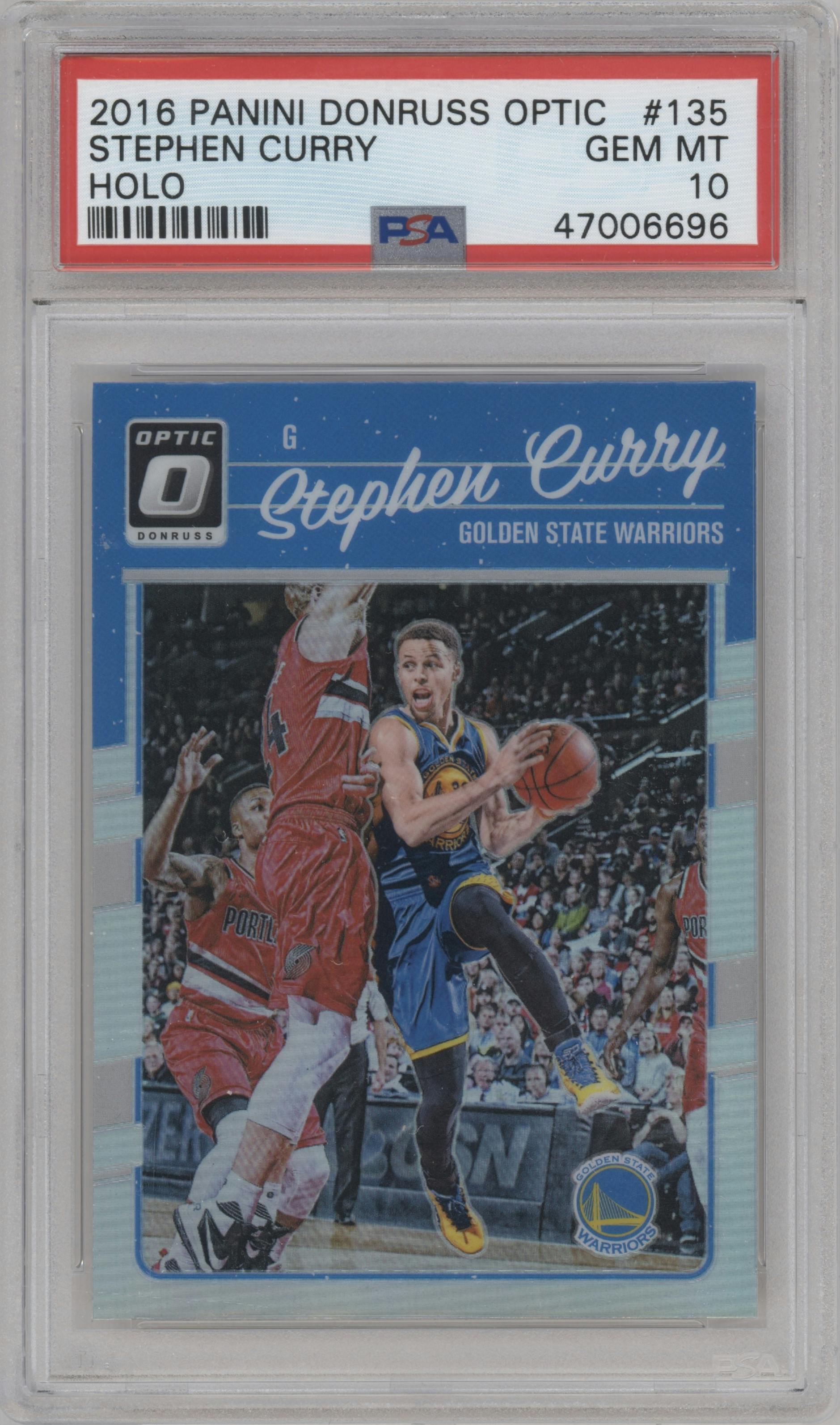 Stephen Curry from the 2016-17 Panini Donruss Optic set featuring a Holo parallel graded by PSA and given an overall grade of 10.