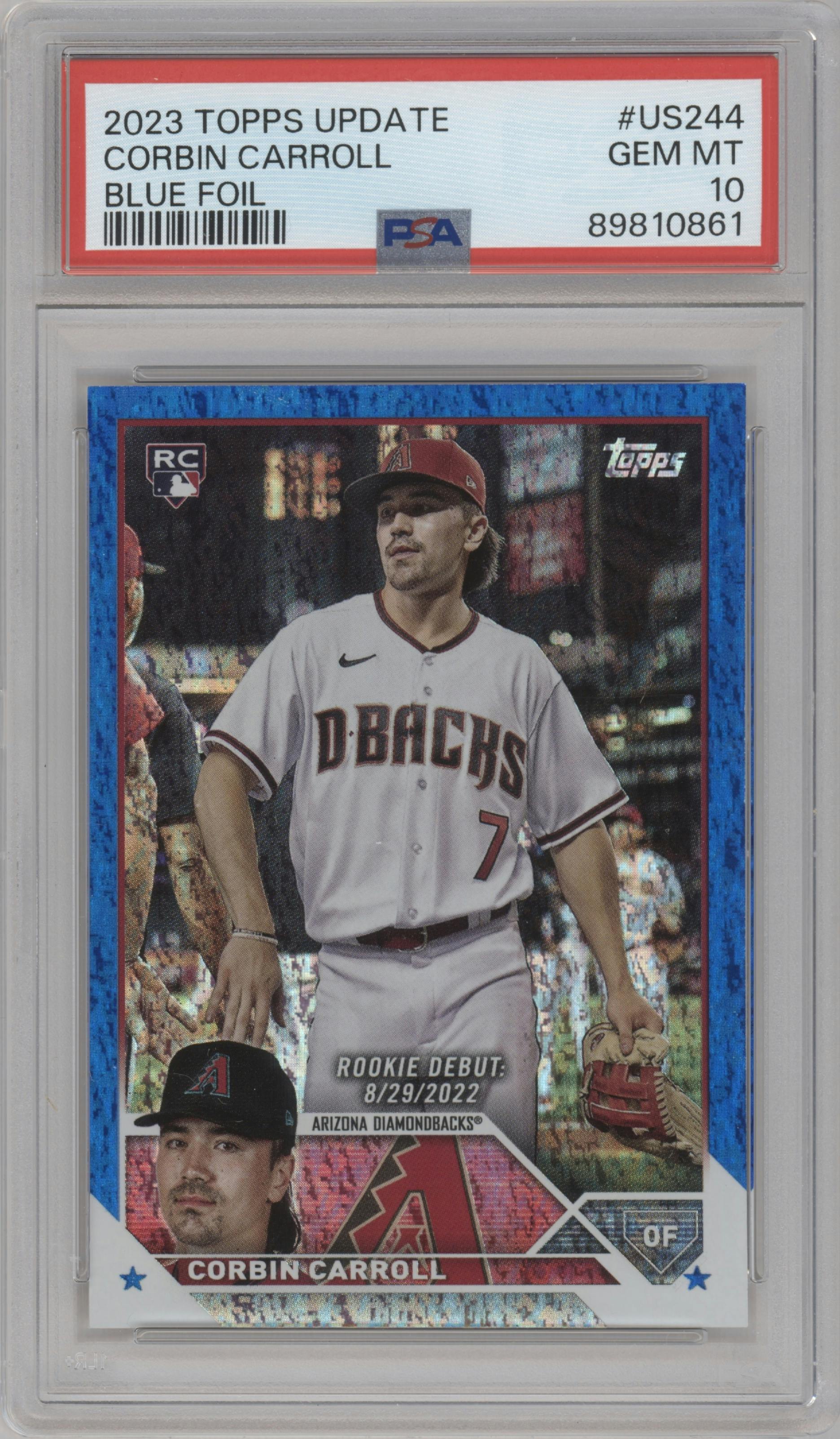  Corbin Carroll from the 2023 Topps Update set featuring a Blue Foil parallel graded by PSA and given an overall grade of 10.