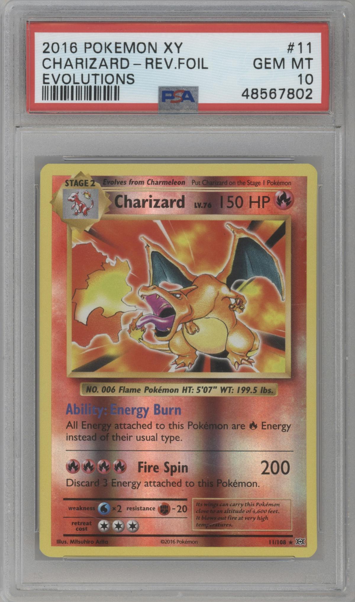 Charizard  from the 2016 Pokemon XY set graded by PSA and given an overall grade of 10.