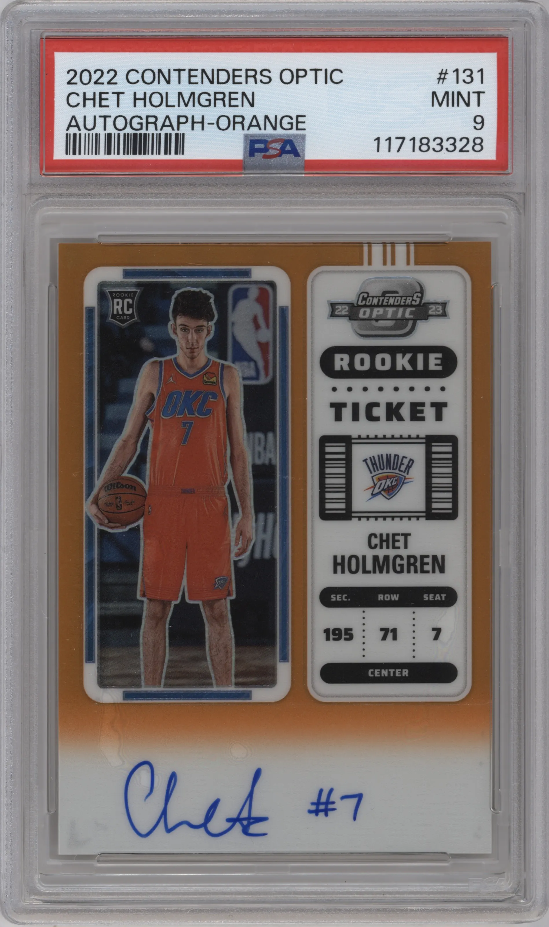 Chet Holmgren from the 2022-23 Panini Contenders Optic set featuring a Orange parallel graded by PSA and given an overall grade of 9.