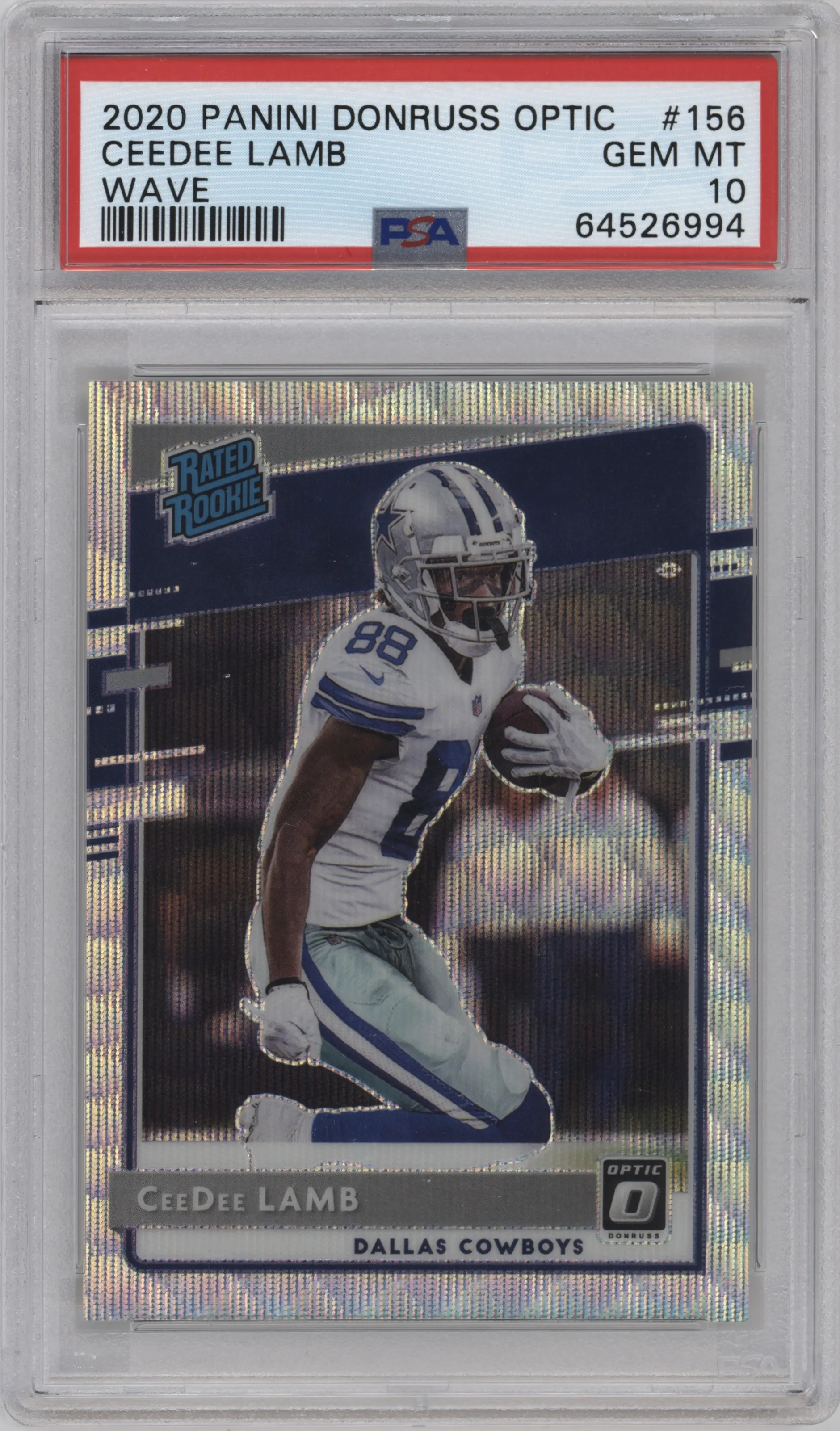CeeDee Lamb from the 2020 Panini Donruss Optic set featuring a Wave parallel graded by PSA and given an overall grade of 10.