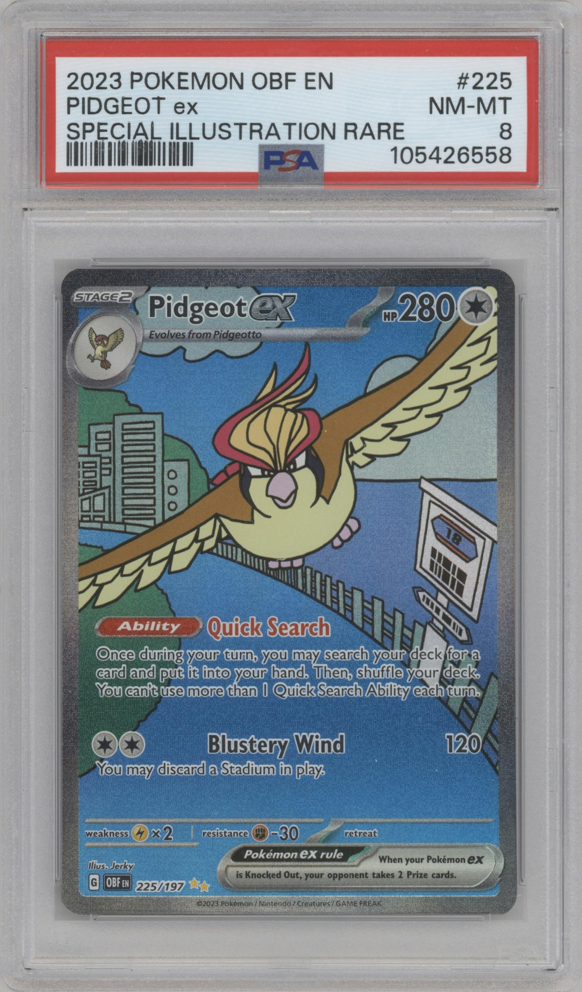 Pidgeot EX from the 2023 Pokemon SV set graded by PSA and given an overall grade of 8.