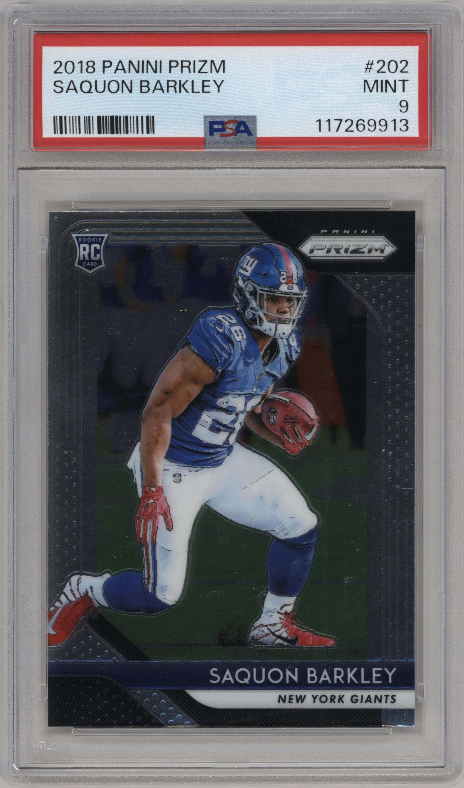 Saquon Barkley from the 2018 Panini Prizm set graded by PSA and given an overall grade of 9.