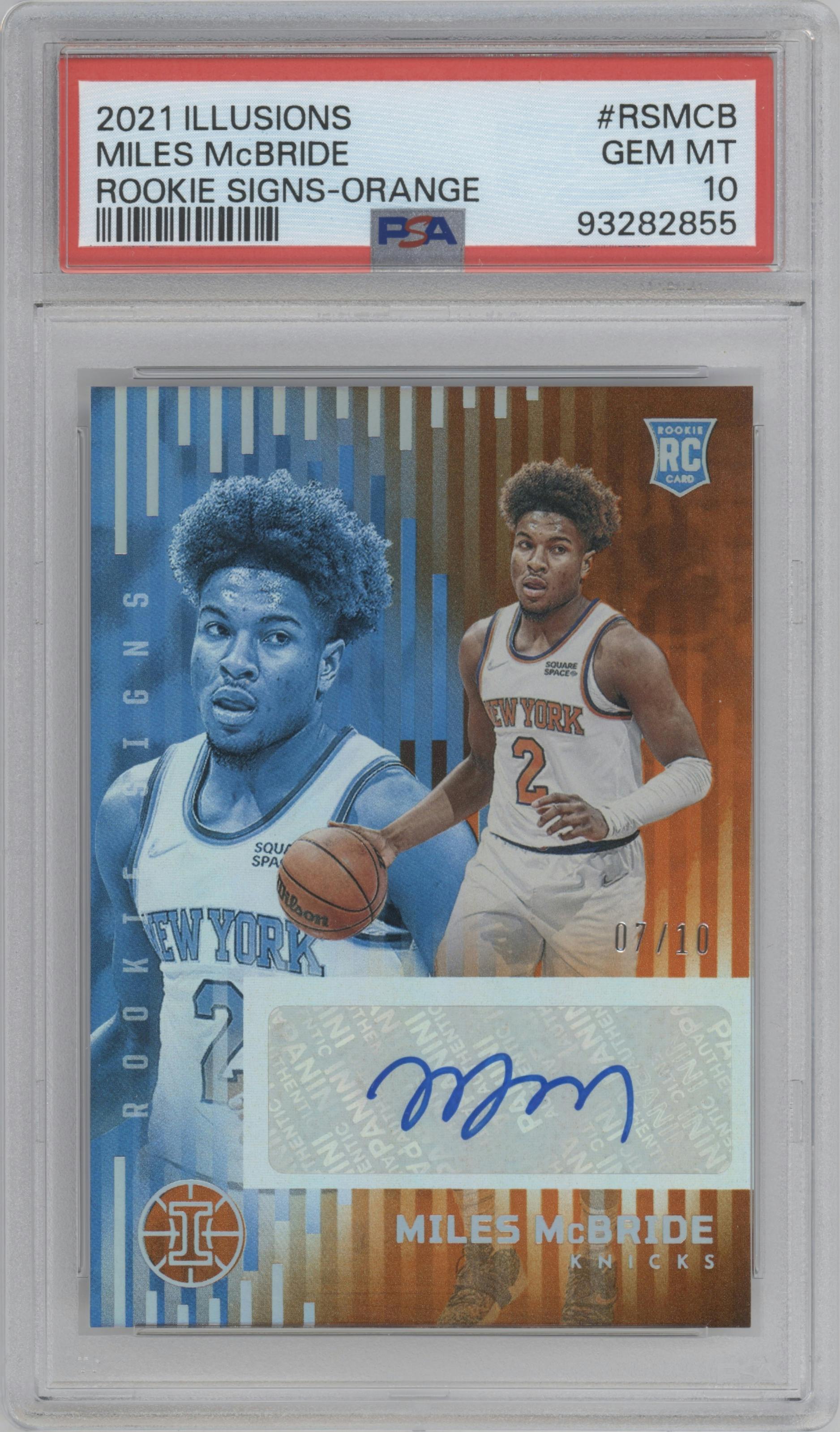 Miles McBride from the 2021-22 Panini Illusions set featuring a Orange parallel graded by PSA and given an overall grade of 10.