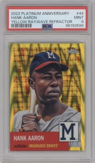 Hank Aaron from the 2022 Topps Chrome Platinum Anniversary set featuring a Yellow RayWave Refractor parallel graded by PSA and given an overall grade of 9.