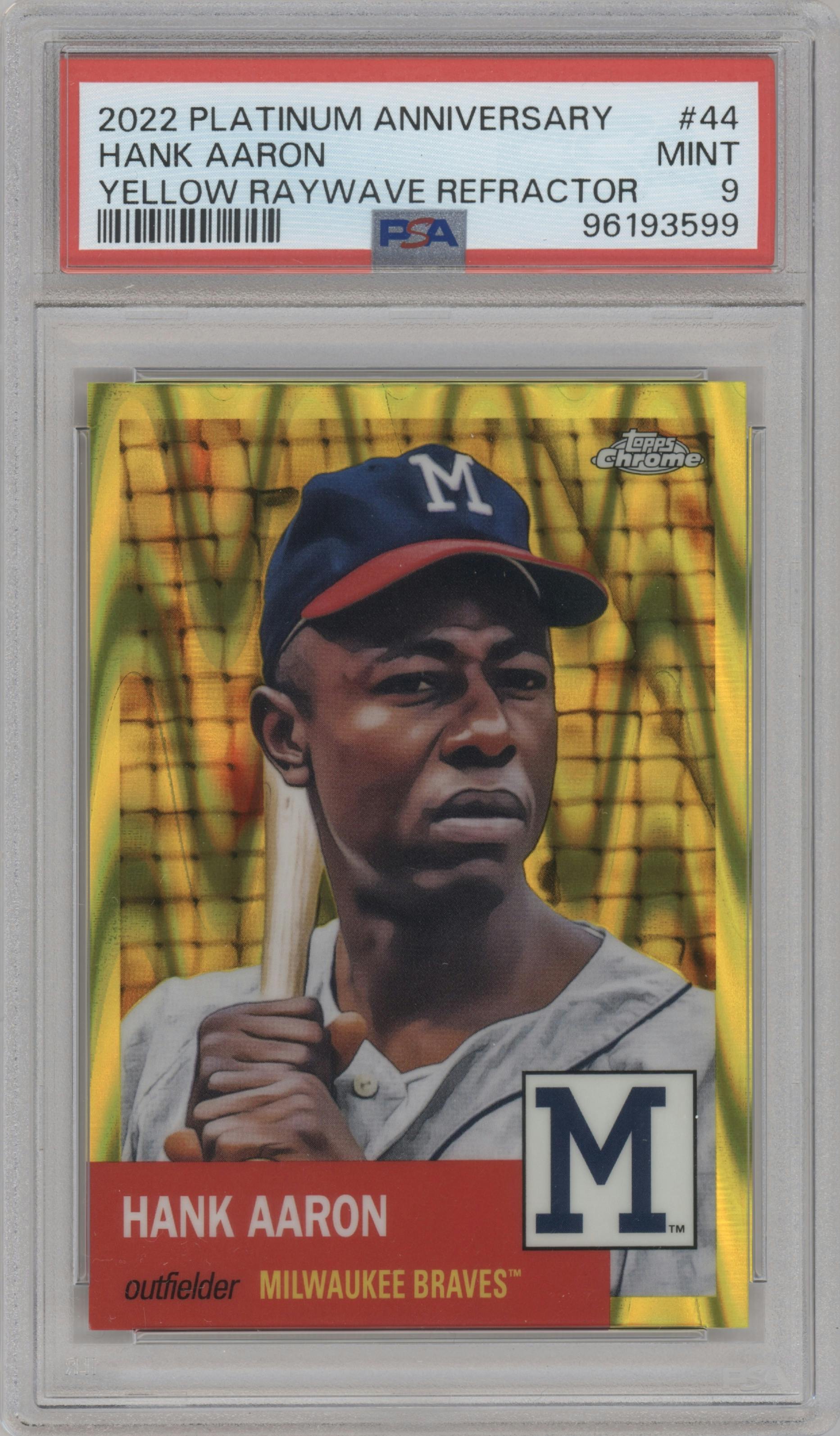 Hank Aaron from the 2022 Topps Chrome Platinum Anniversary set featuring a Yellow RayWave Refractor parallel graded by PSA and given an overall grade of 9.