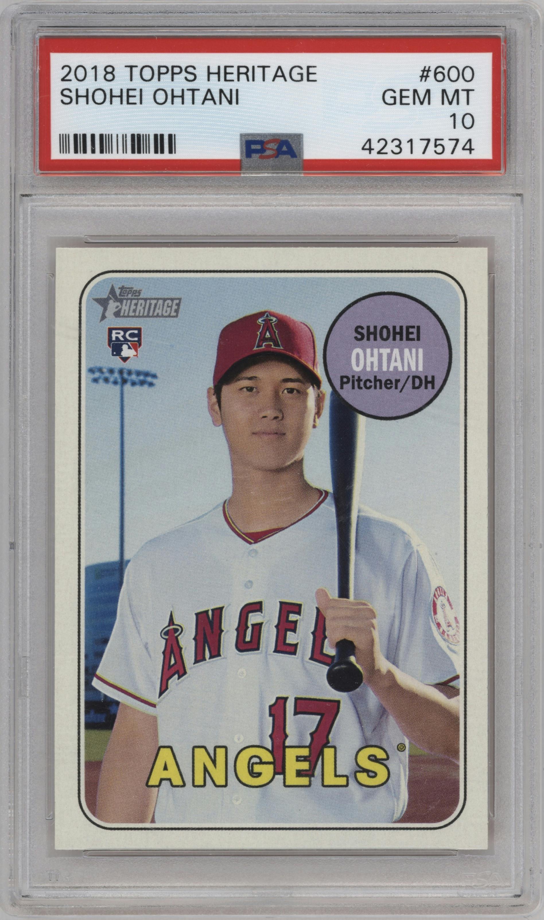 Shohei Ohtani from the 2018 Topps Heritage High Number set graded by PSA and given an overall grade of 10.