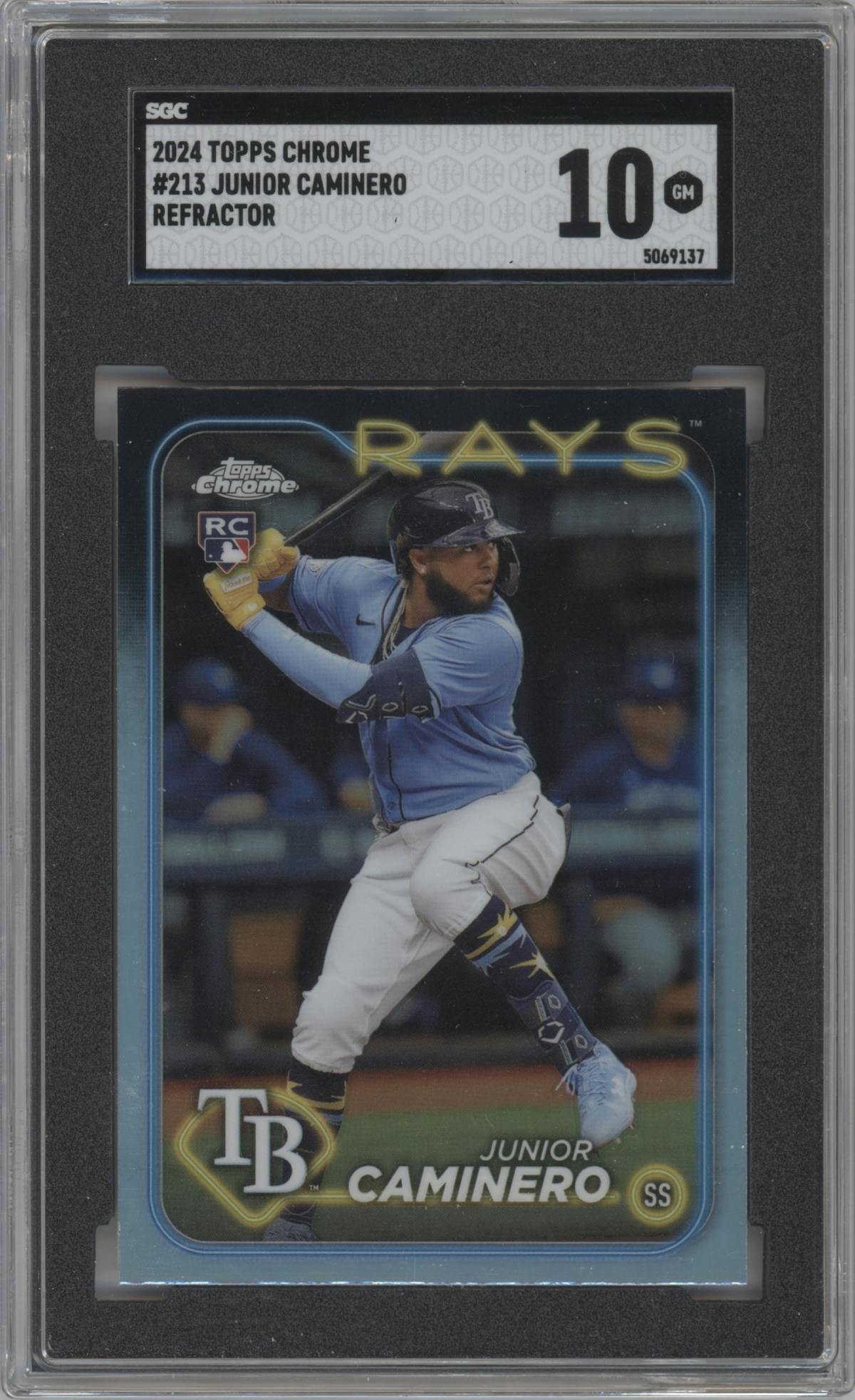Junior Caminero from the 2024 Topps Chrome set featuring a Refractor parallel graded by SGC and given an overall grade of 10.