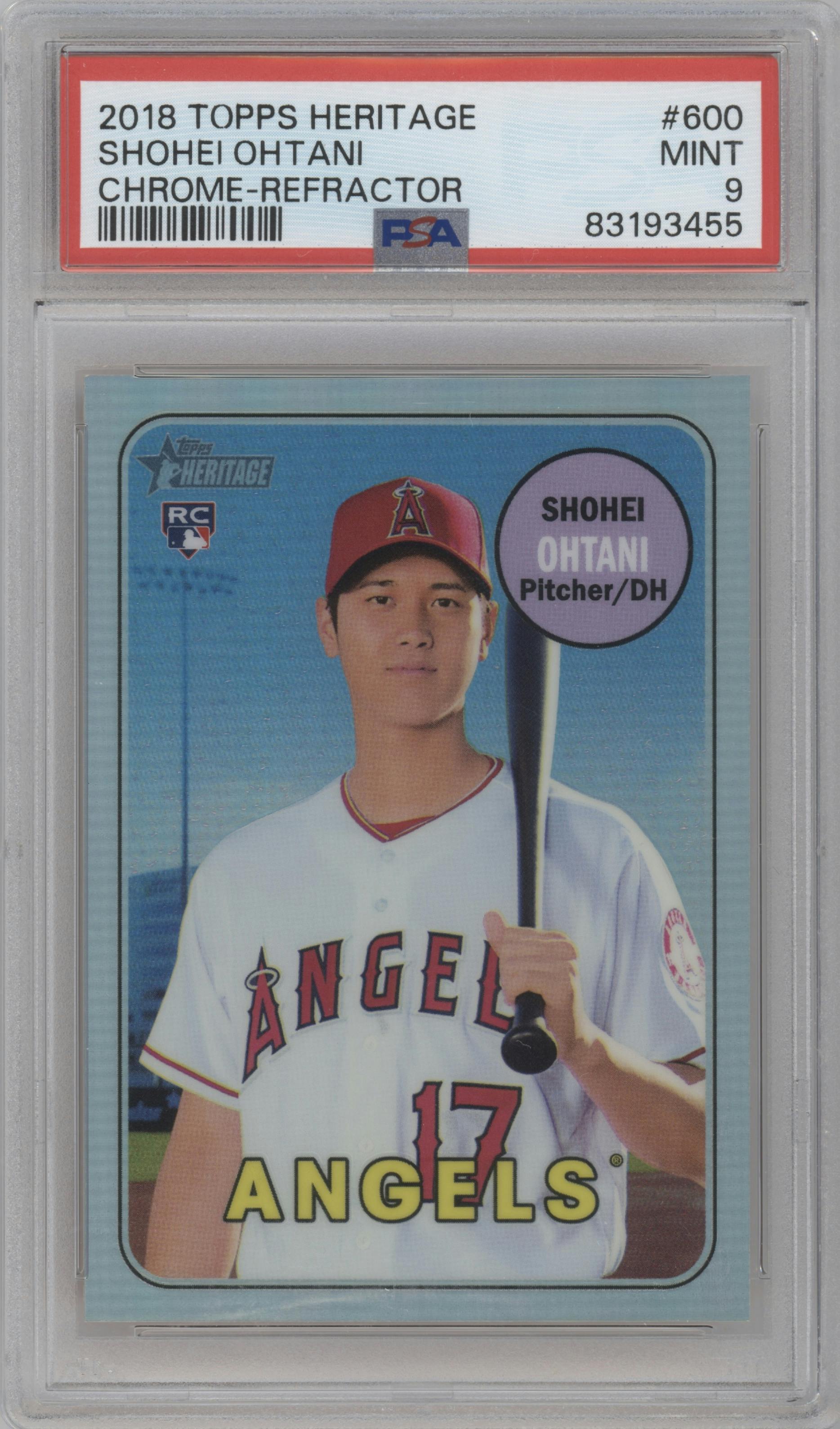 Shohei Ohtani from the 2018 Topps Heritage High Number set featuring a Refractor parallel graded by PSA and given an overall grade of 9.