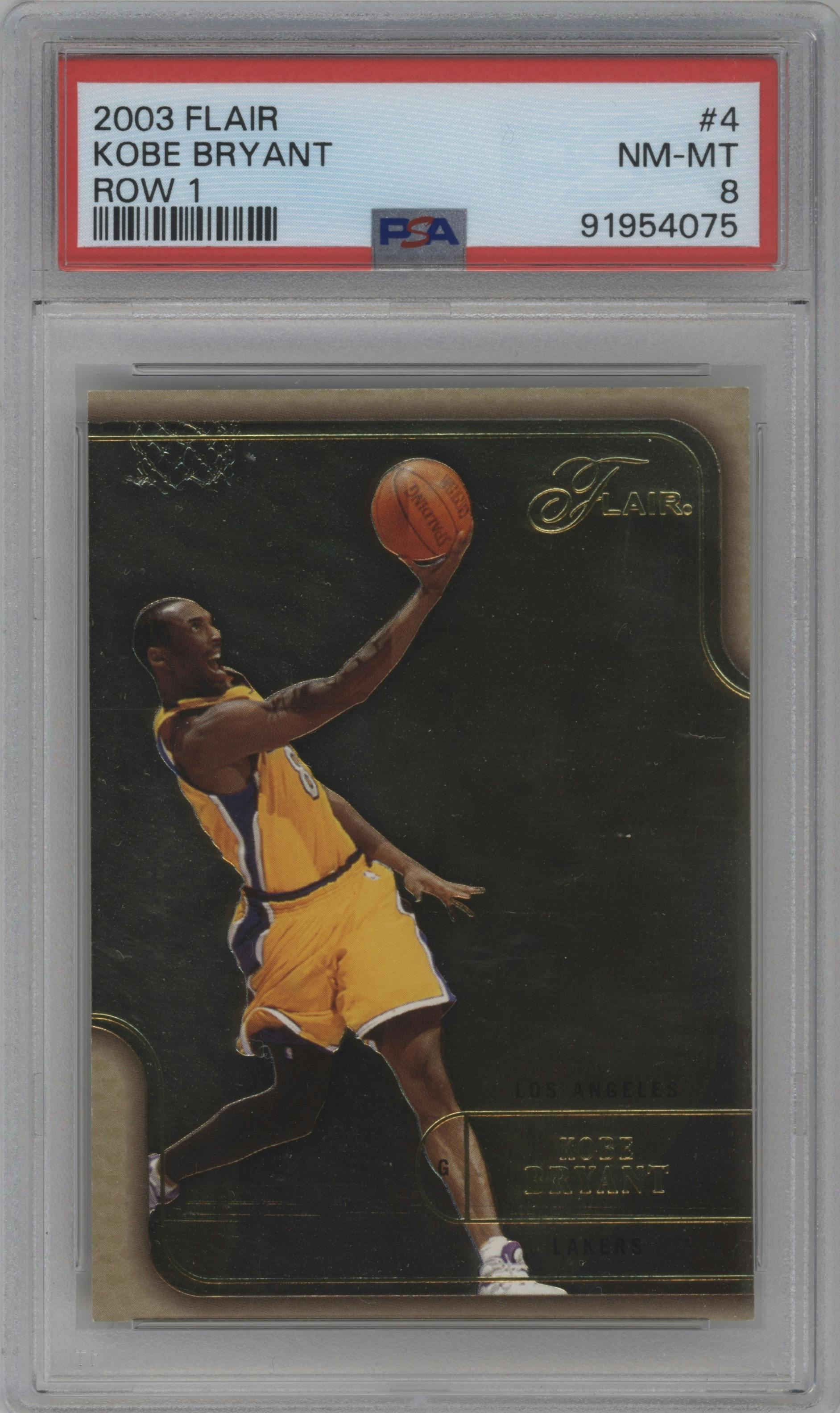 Kobe Bryant from the 2003-04 Flair set featuring a Row 1 parallel graded by PSA and given an overall grade of 8.