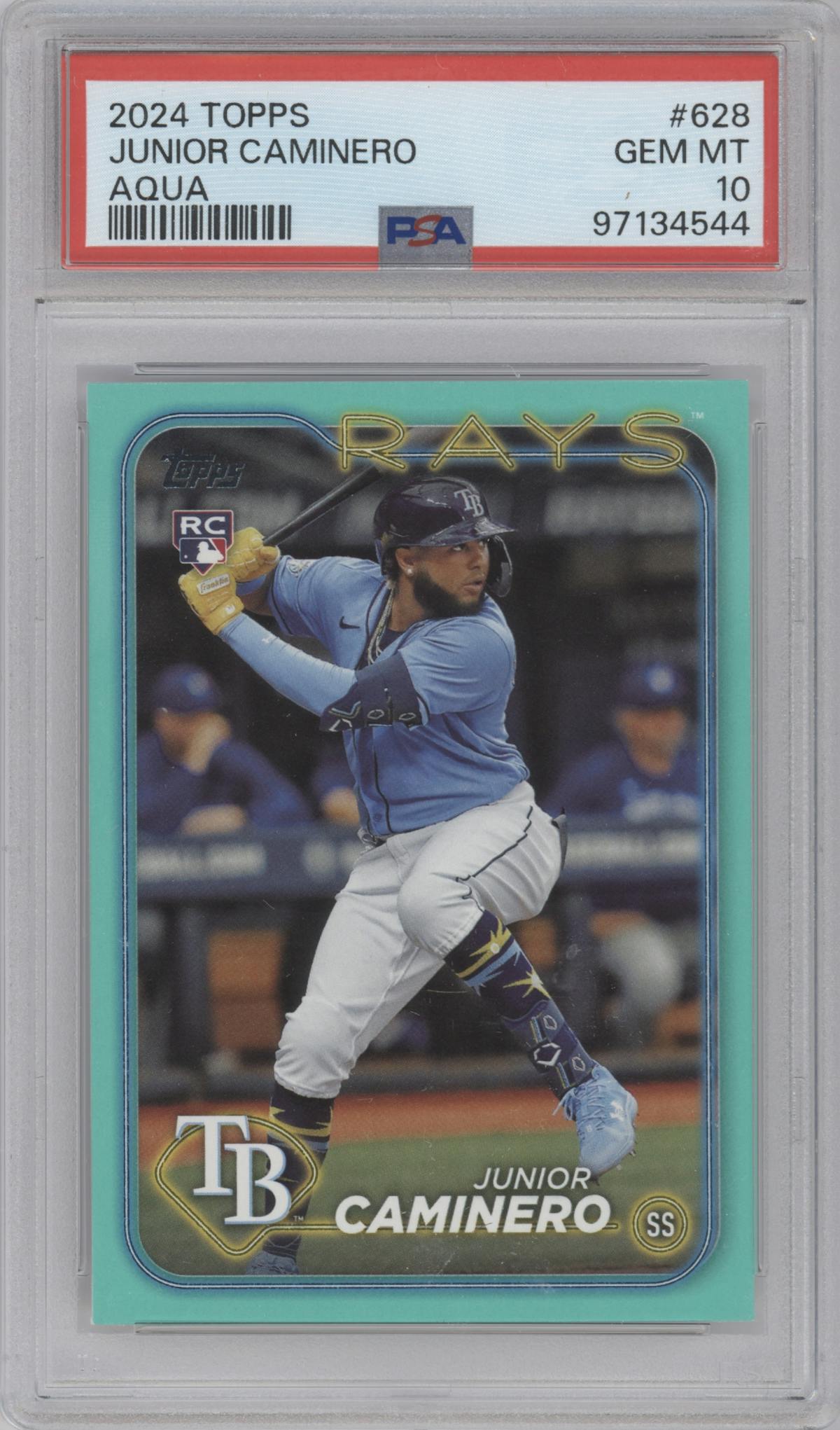 Junior Caminero from the 2024 Topps  set featuring a Aqua parallel graded by PSA and given an overall grade of 10.