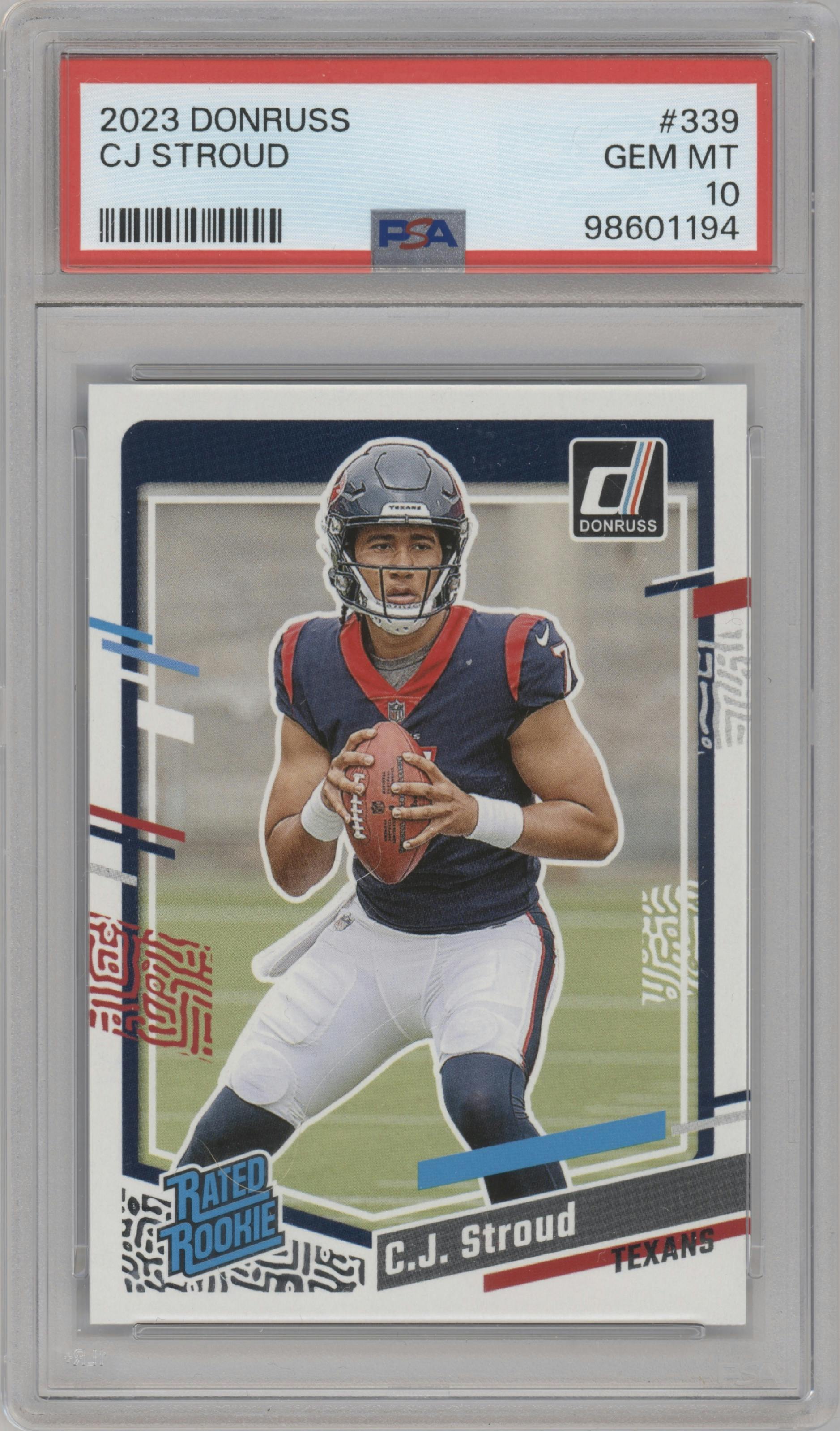 C.J. Stroud from the 2023 Panini Donruss set graded by PSA and given an overall grade of 10.