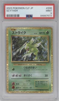 Scyther from the 2023 Pokemon CLF Japanese set graded by PSA and given an overall grade of 9.