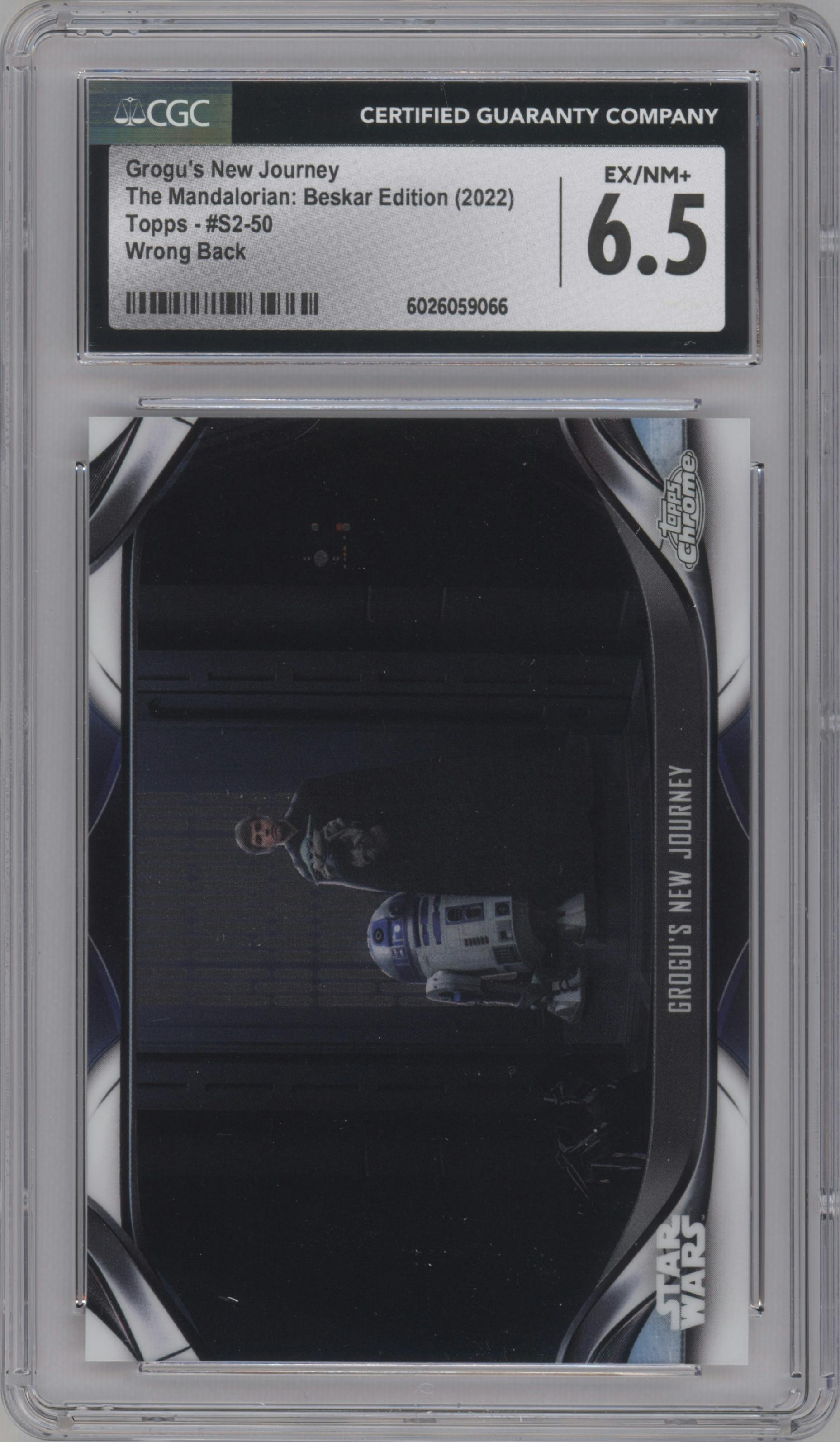 Grogu's New Journey from the 2022 Topps Chrome Star Wars The Mandalorian Beskar Edition set featuring a Wrong Back parallel graded by CSG and given an overall grade of 6.5.