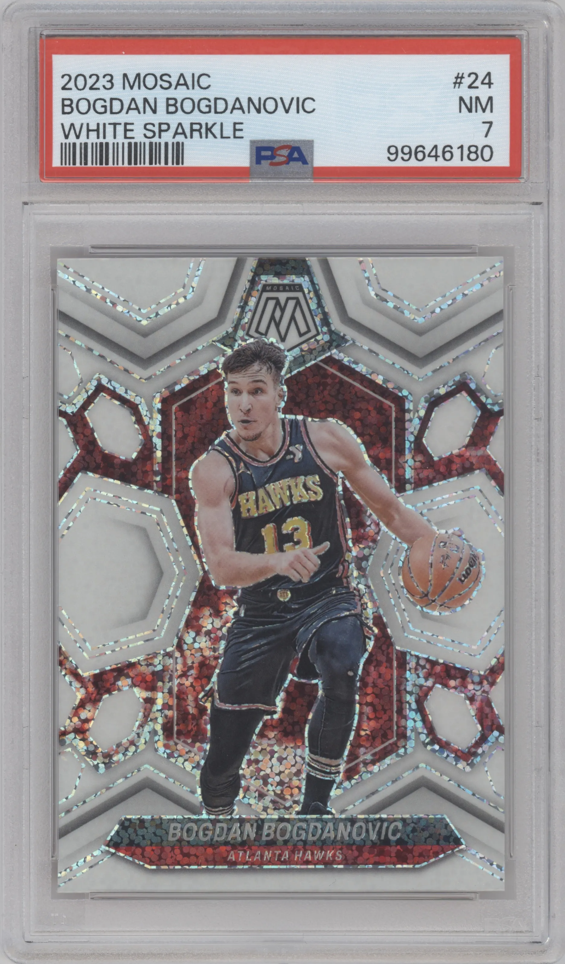 Bogdan Bogdanovic from the 2023-24 Panini Mosaic set featuring a White Sparkle parallel graded by PSA and given an overall grade of 7.