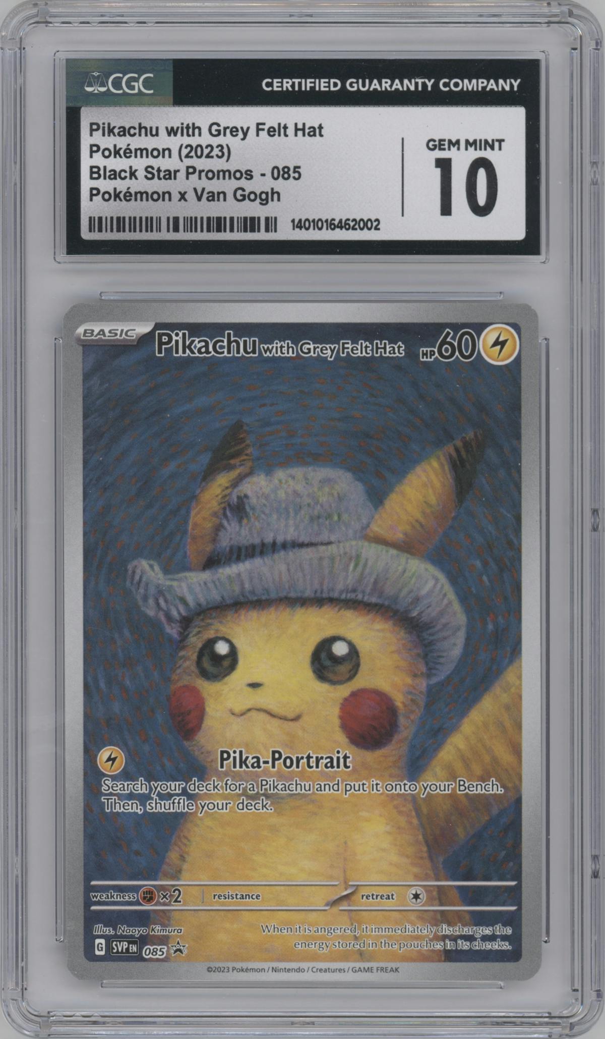 Pikachu with Grey Felt Hat from the 2023 Pokemon SV set featuring a Pokemon x Van Gogh parallel graded by CSG and given an overall grade of 10.