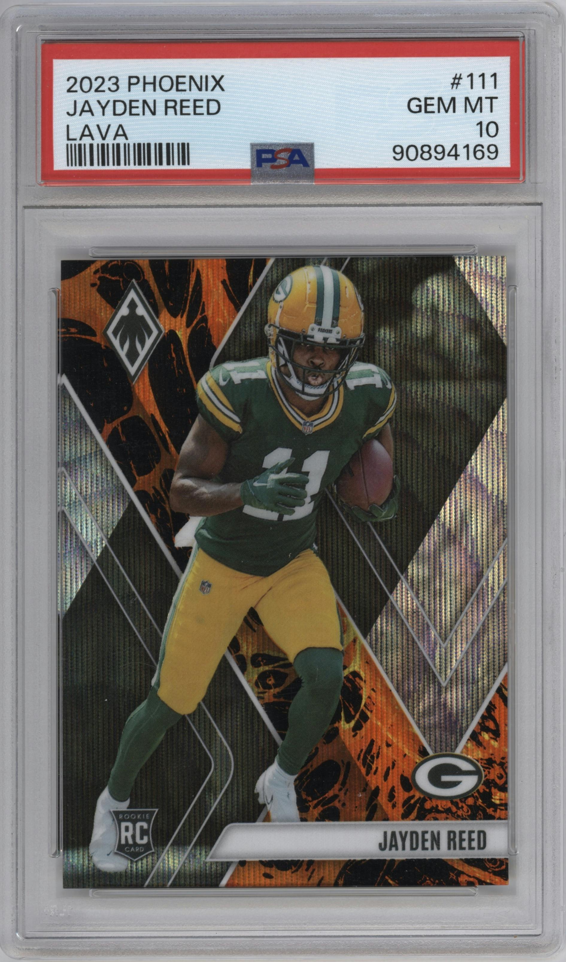 Jayden Reed from the 2023 Panini Phoenix set featuring a Lava parallel graded by PSA and given an overall grade of 10.