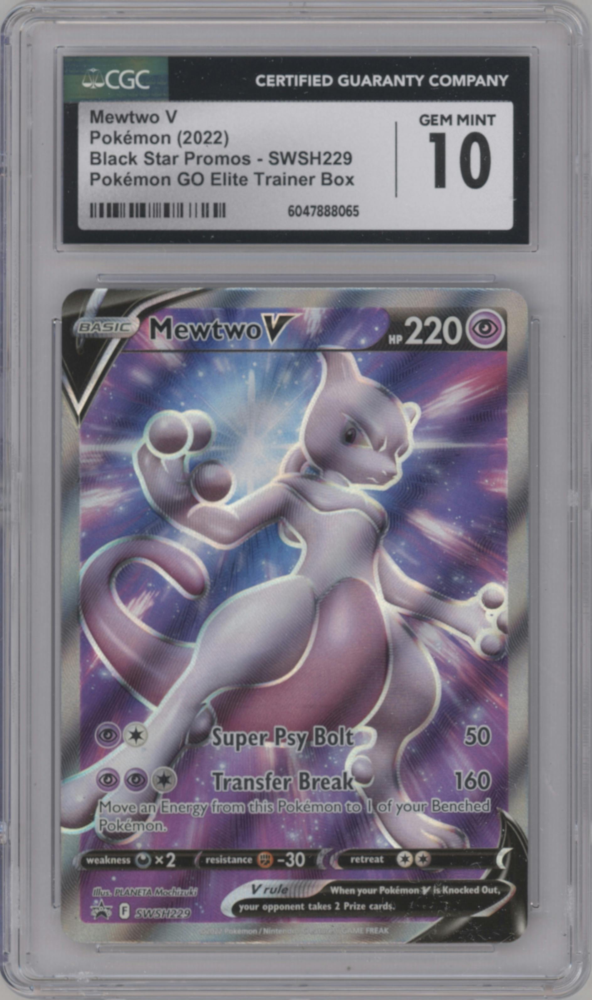 Mewtwo V from the 2022 Pokemon SWSH set featuring a Pokemon Go Elite Trainer Box parallel graded by CSG and given an overall grade of 10.
